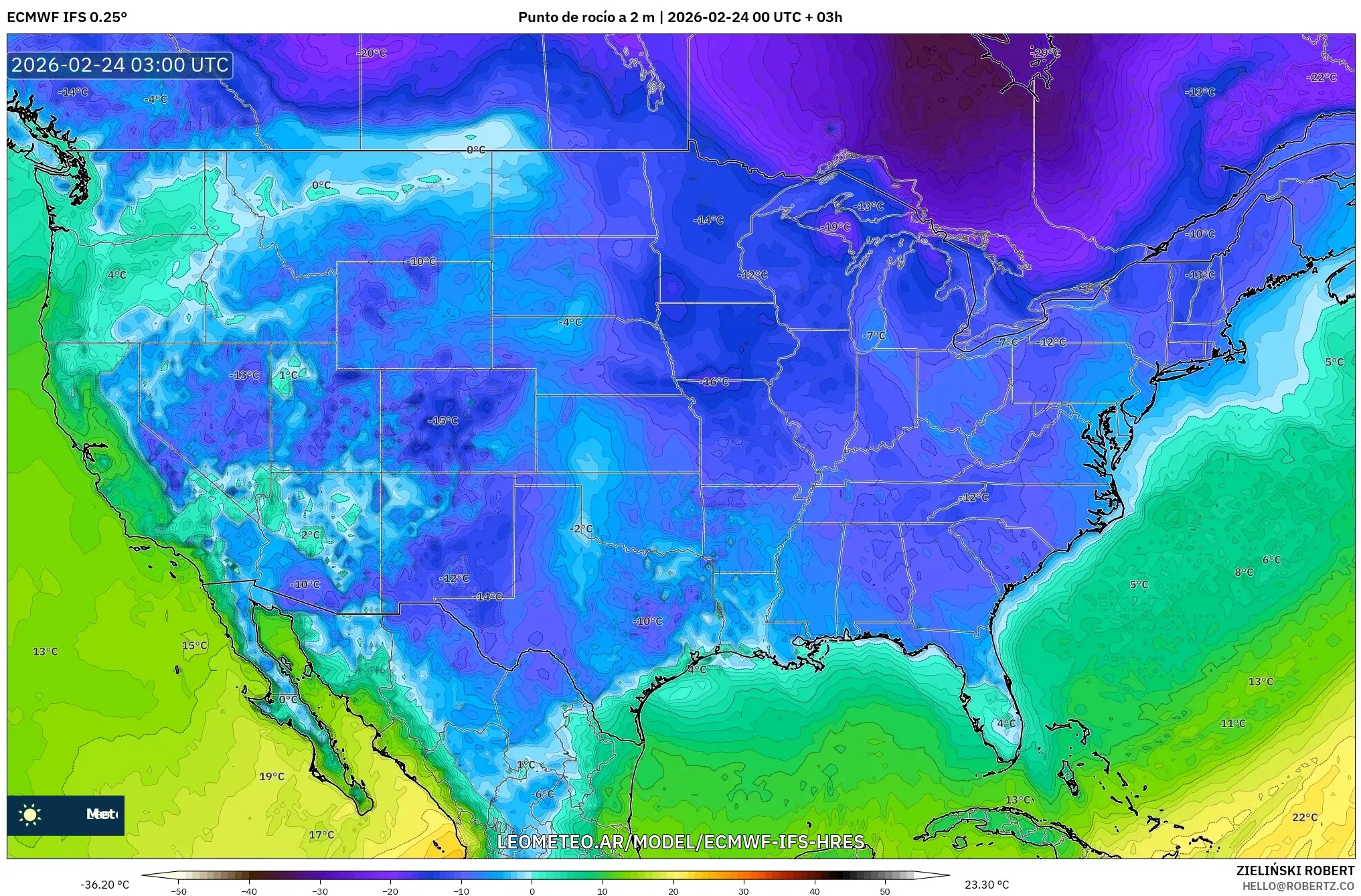 ECMWF IFS 0.25° model - Estados Unidos, Punto de rocío a 2 m