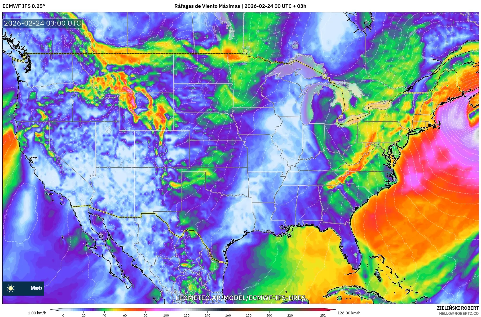 ECMWF IFS 0.25° model - Estados Unidos, Ráfagas de Viento Máximas