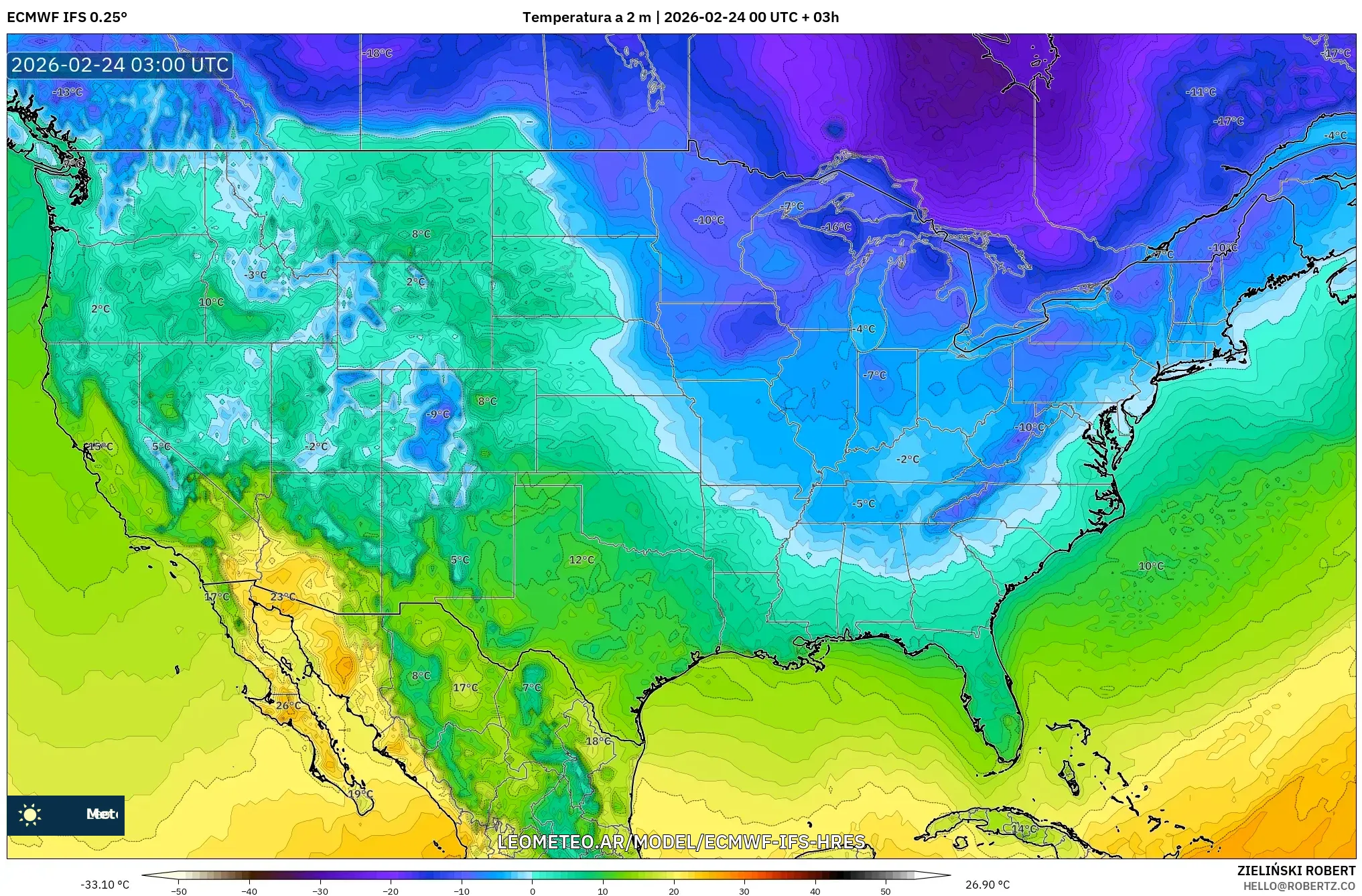 ECMWF IFS 0.25° model - Estados Unidos, Temperatura a 2 m