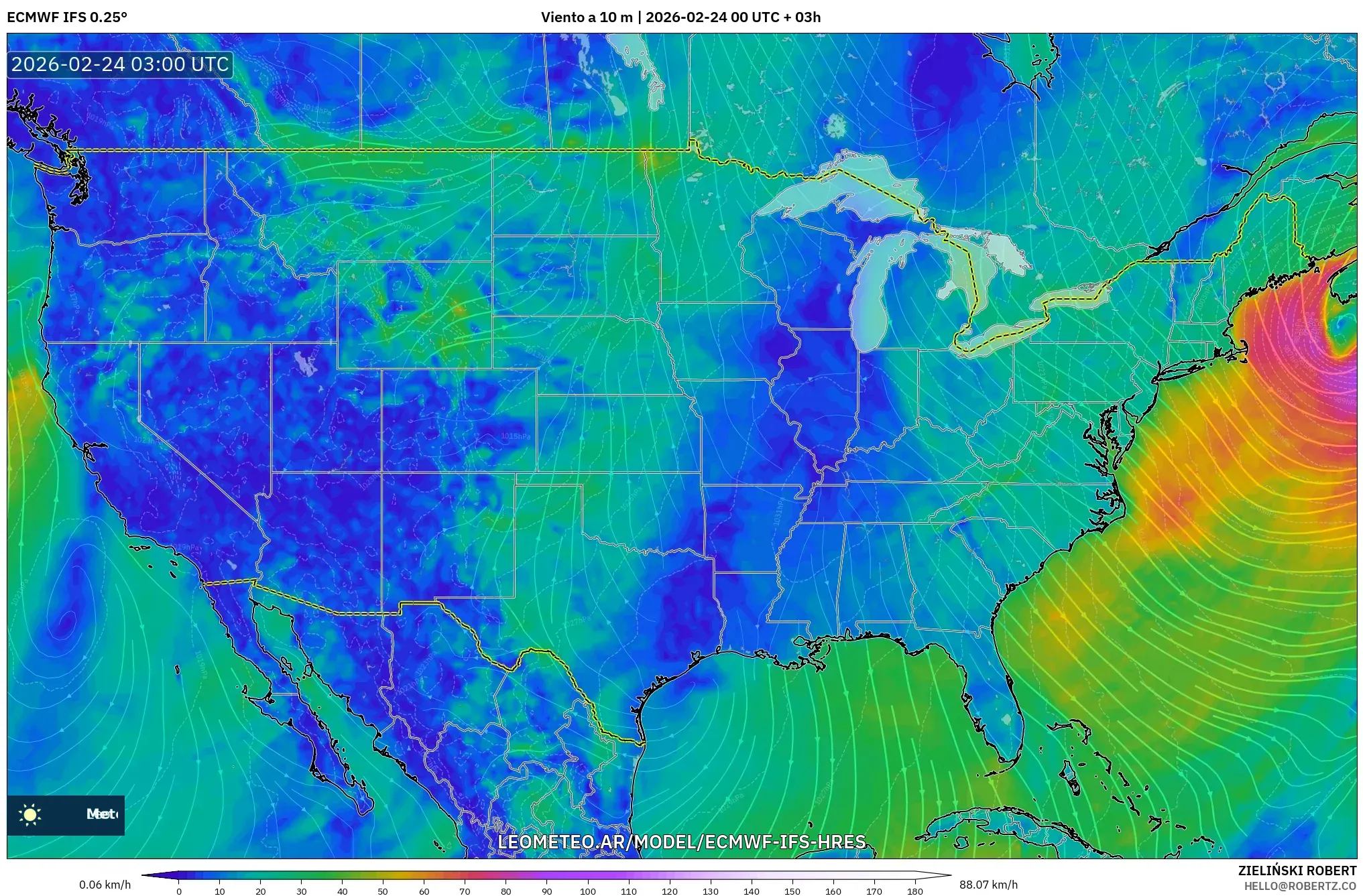 ECMWF IFS 0.25° model - Estados Unidos, Viento a 10 m