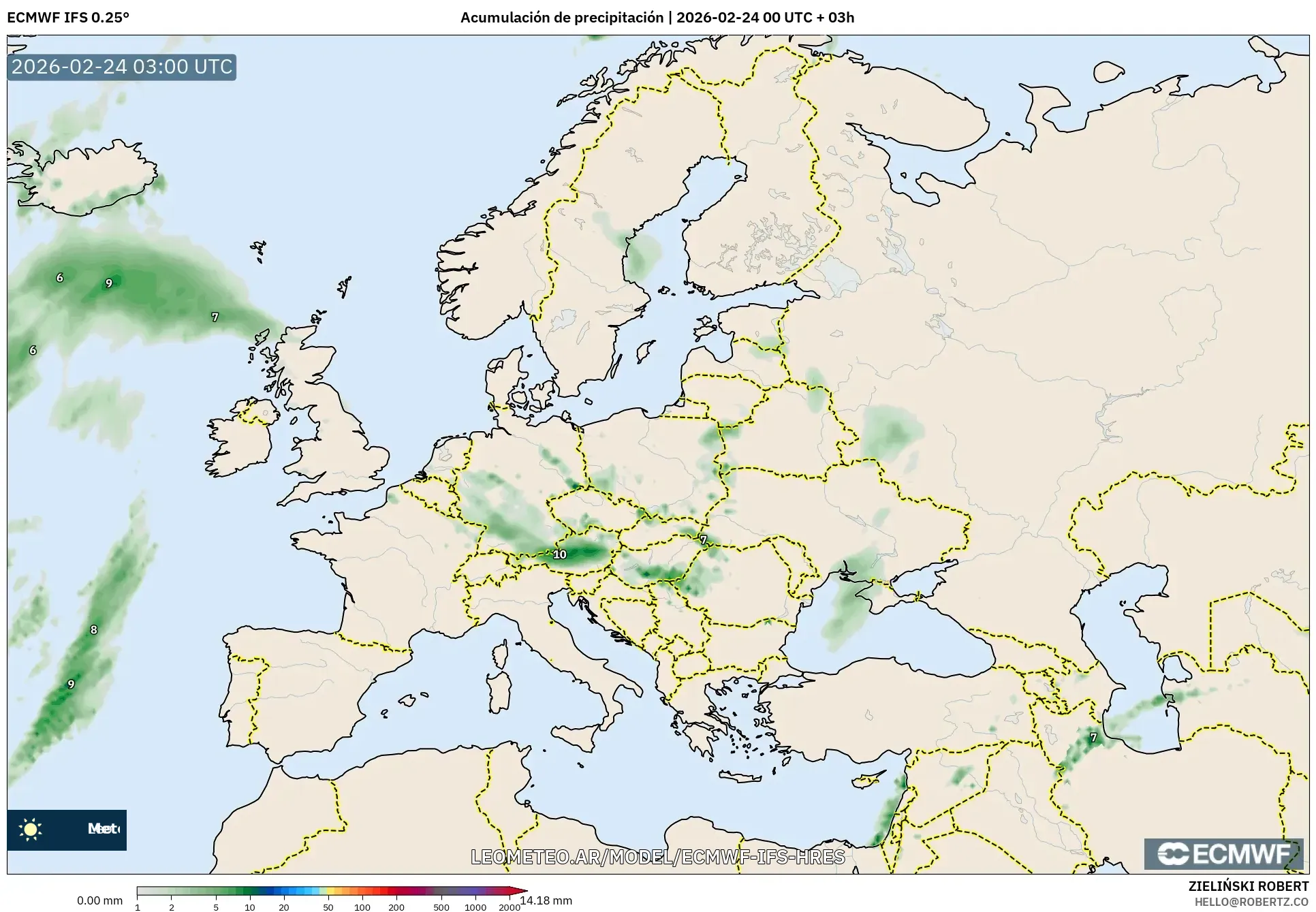 ECMWF IFS 0.25° model - Europa, Acumulación de precipitación