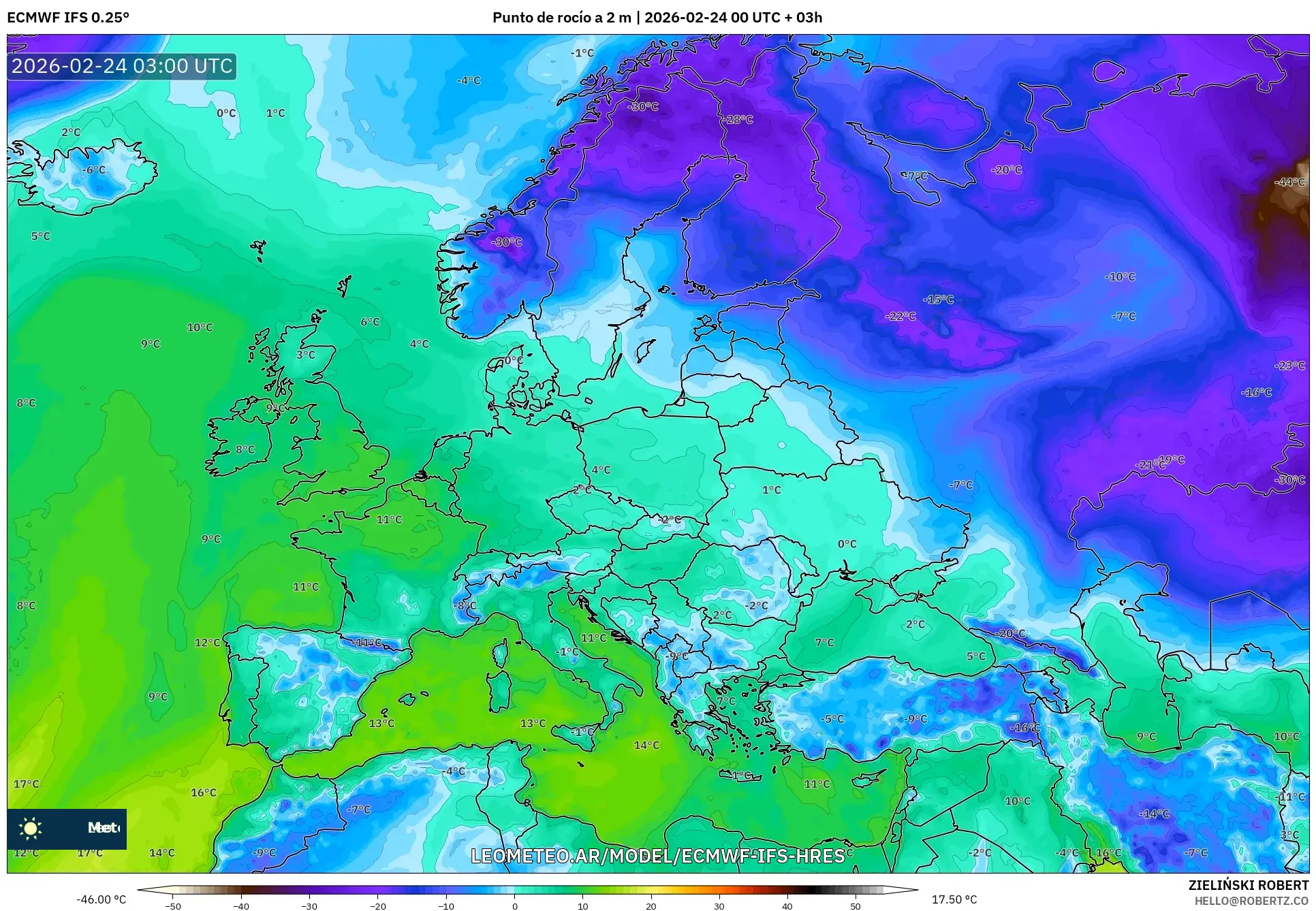 ECMWF IFS 0.25° model - Europa, Punto de rocío a 2 m