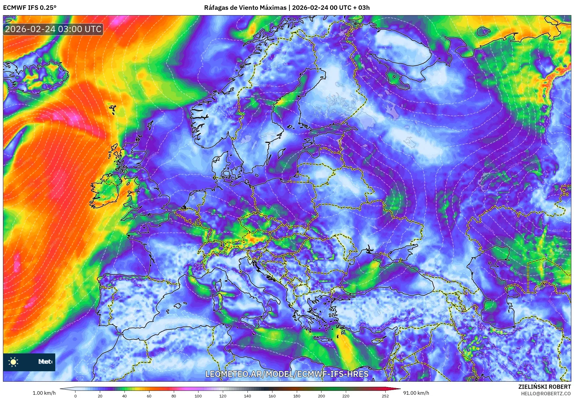 ECMWF IFS 0.25° model - Europa, Ráfagas de Viento Máximas