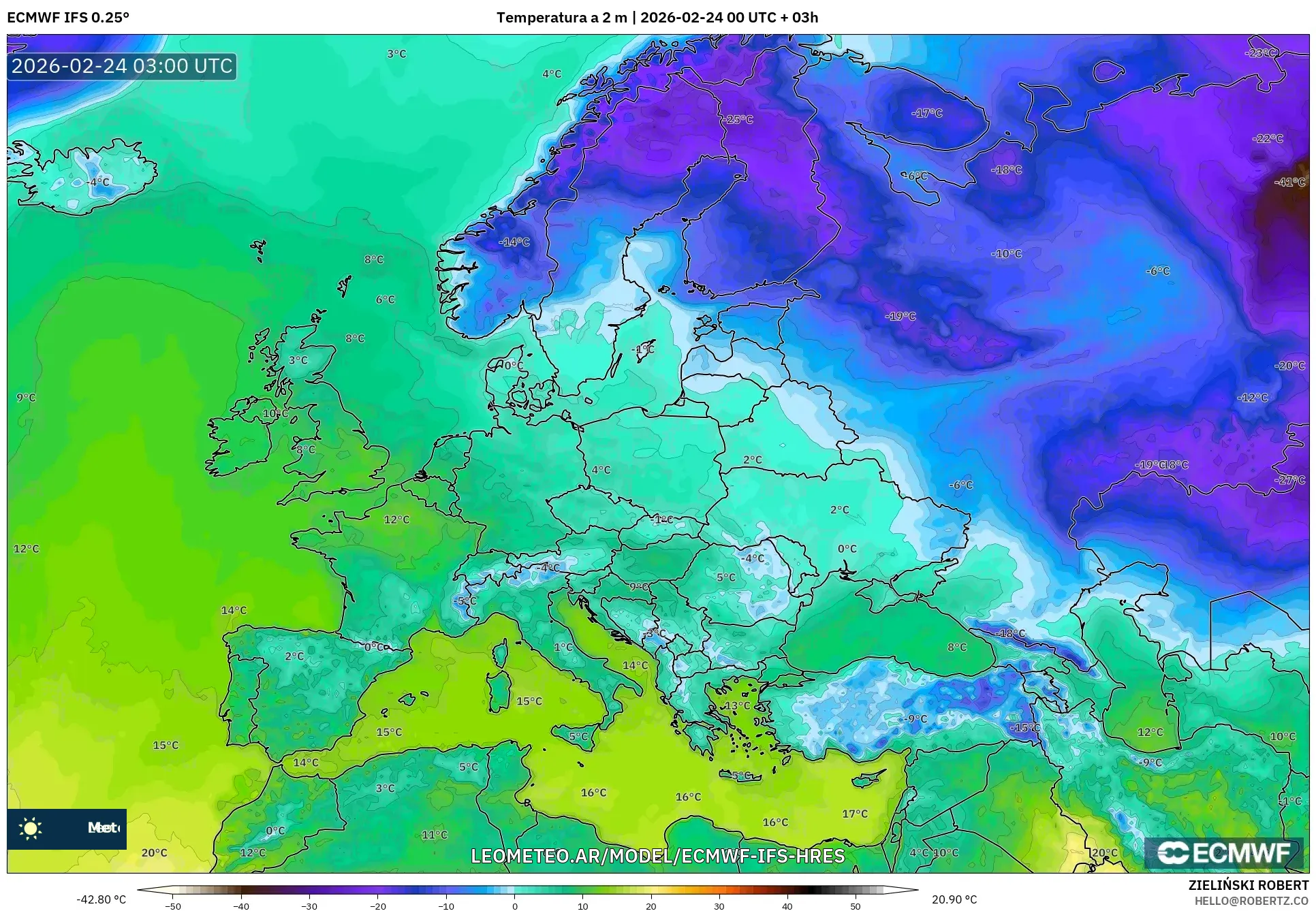ECMWF IFS 0.25° model - Europa, Temperatura a 2 m