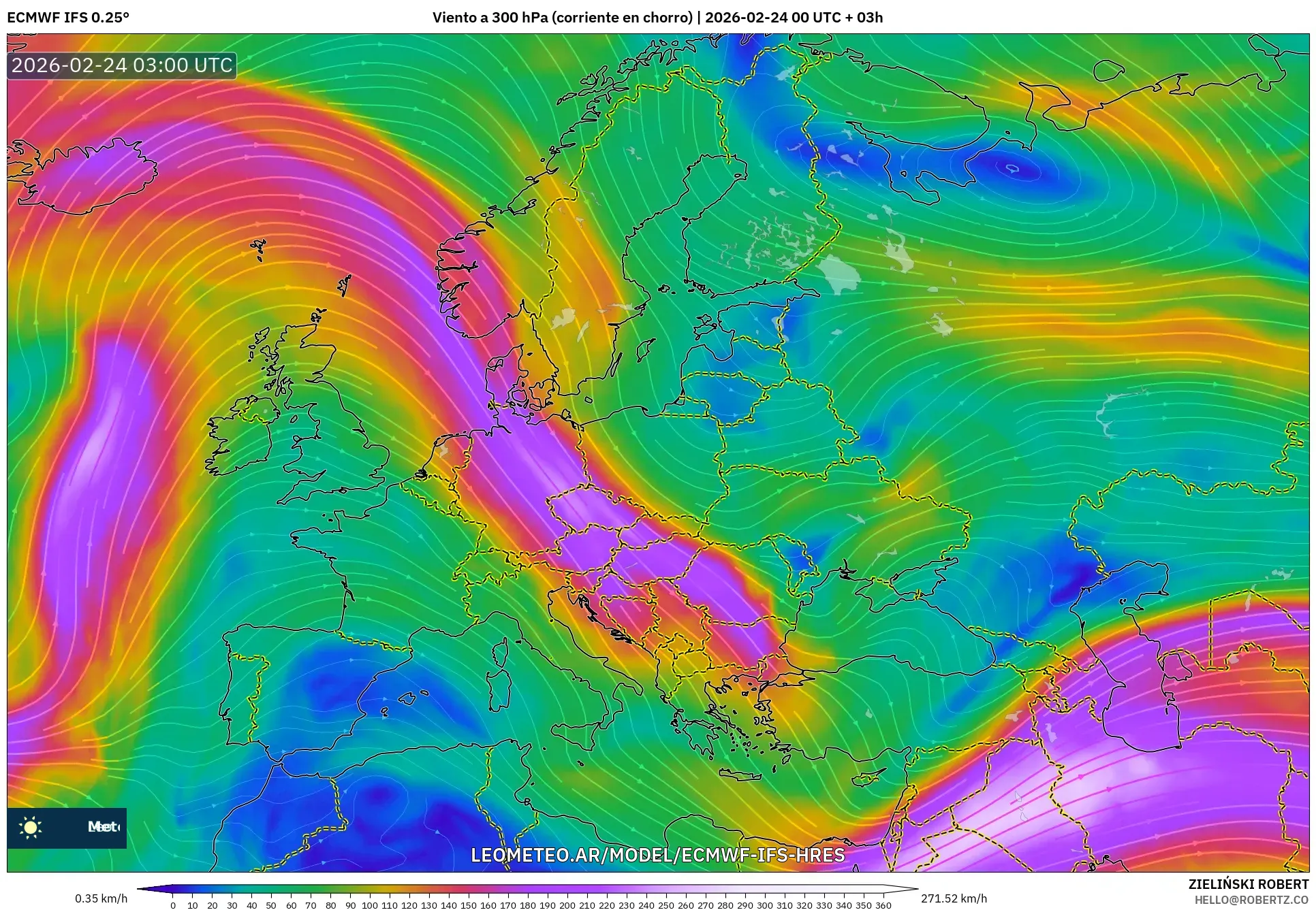 ECMWF IFS 0.25° model - Europa, Viento a 300 hPa (corriente en chorro)