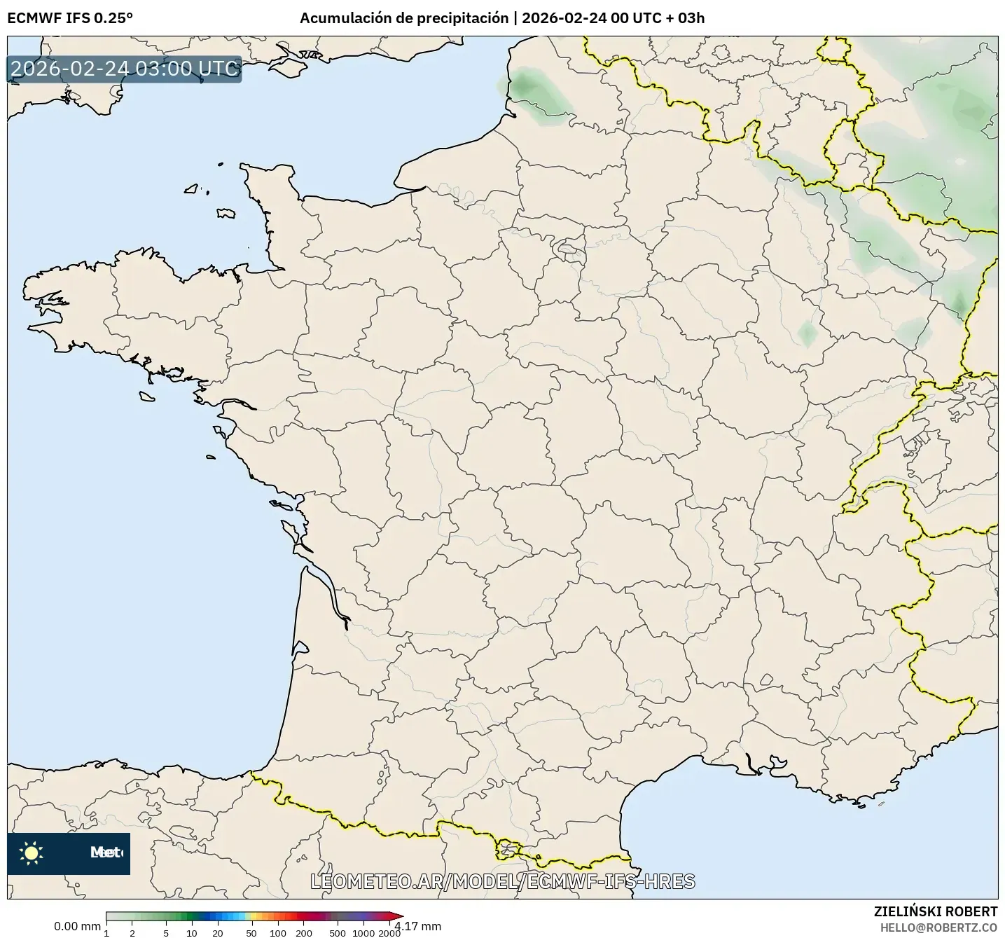 ECMWF IFS 0.25° model - Francia, Acumulación de precipitación