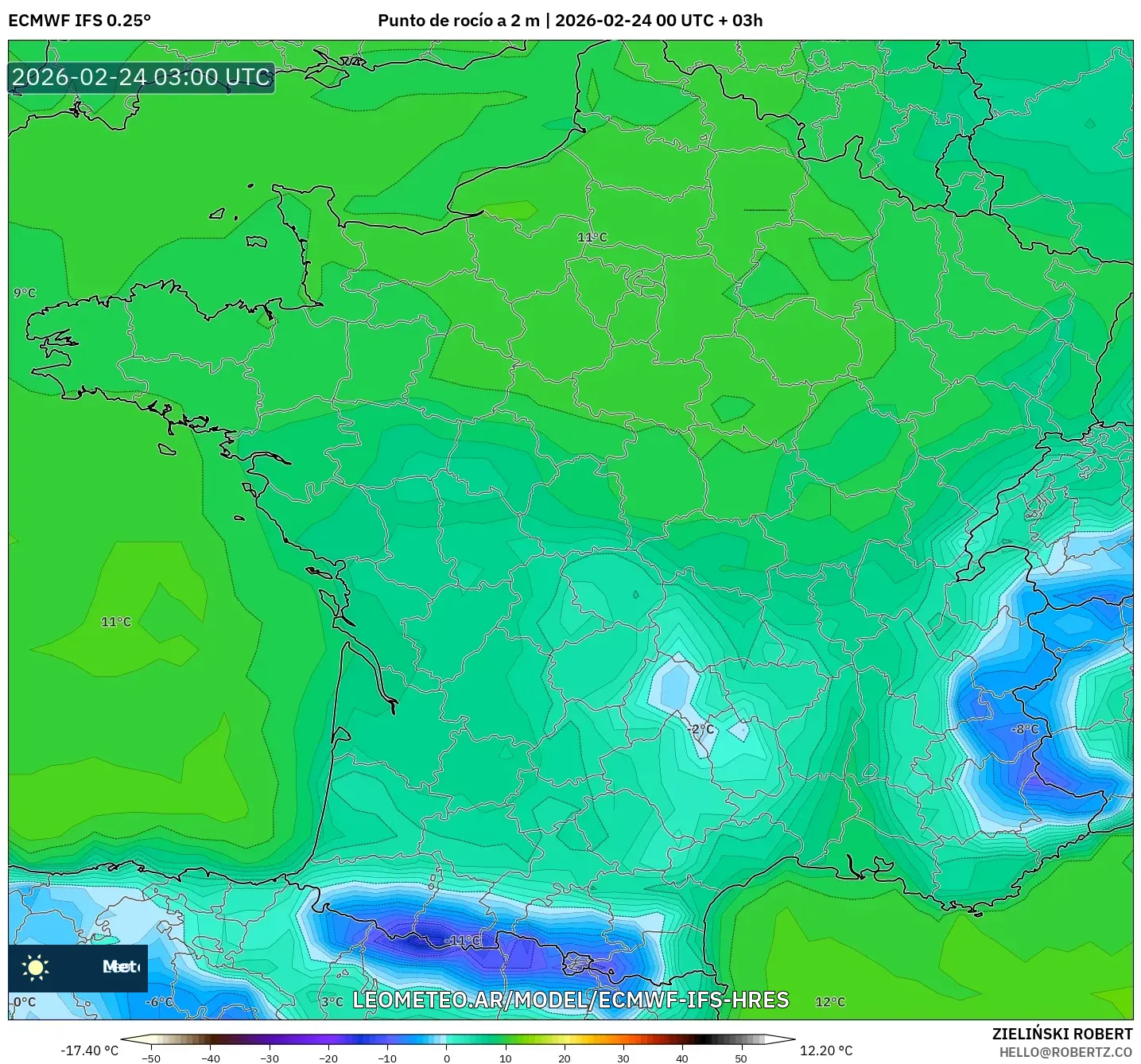 ECMWF IFS 0.25° model - Francia, Punto de rocío a 2 m