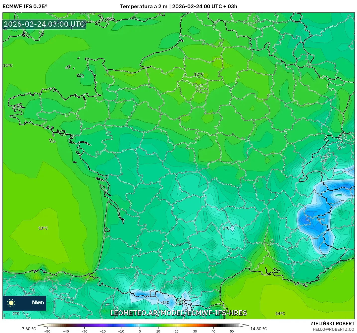 ECMWF IFS 0.25° model - Francia, Temperatura a 2 m