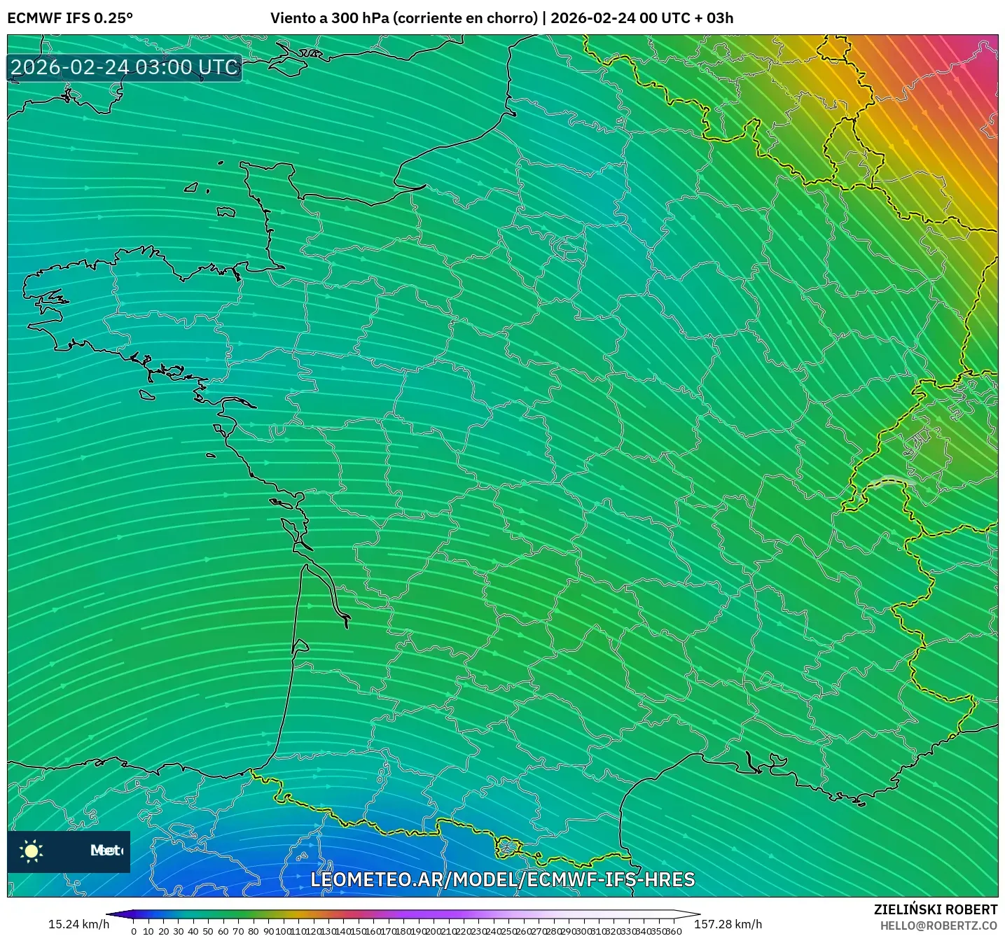 ECMWF IFS 0.25° model - Francia, Viento a 300 hPa (corriente en chorro)