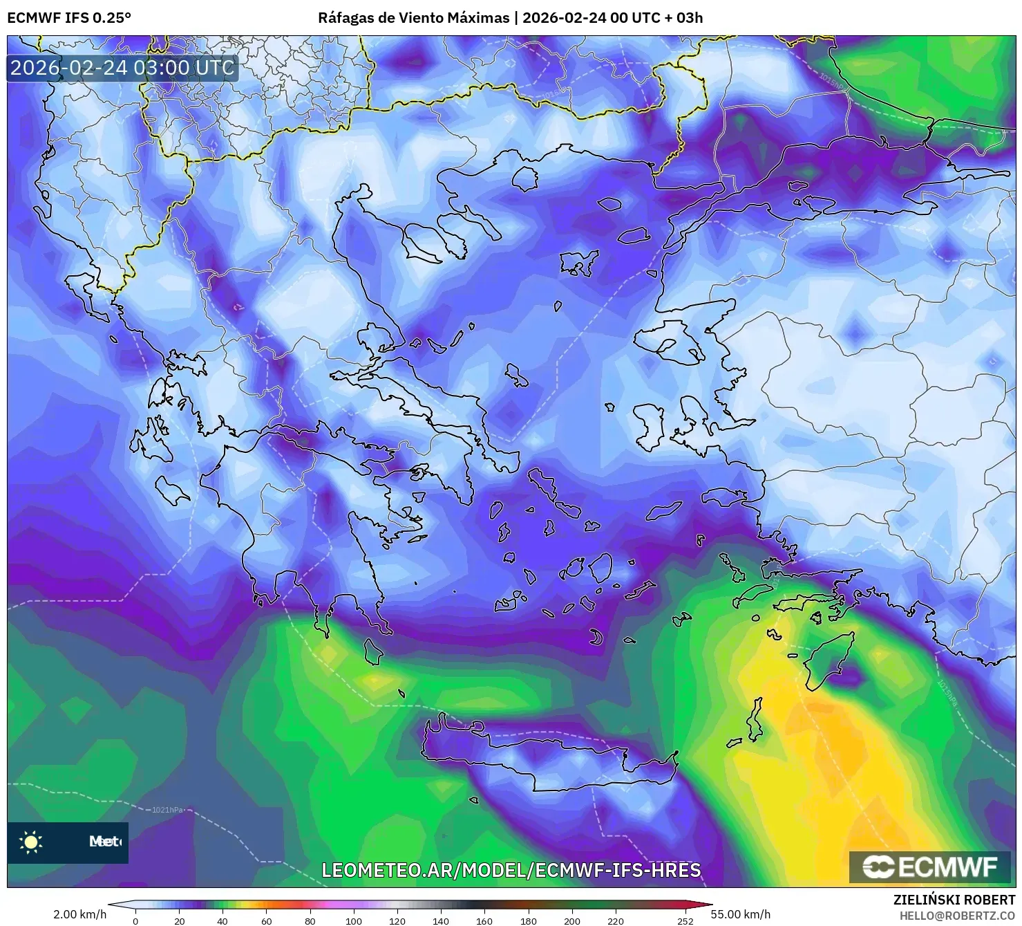 ECMWF IFS 0.25° model - Grecia, Ráfagas de Viento Máximas