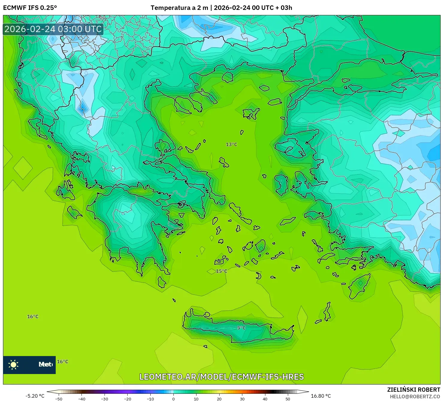 ECMWF IFS 0.25° model - Grecia, Temperatura a 2 m