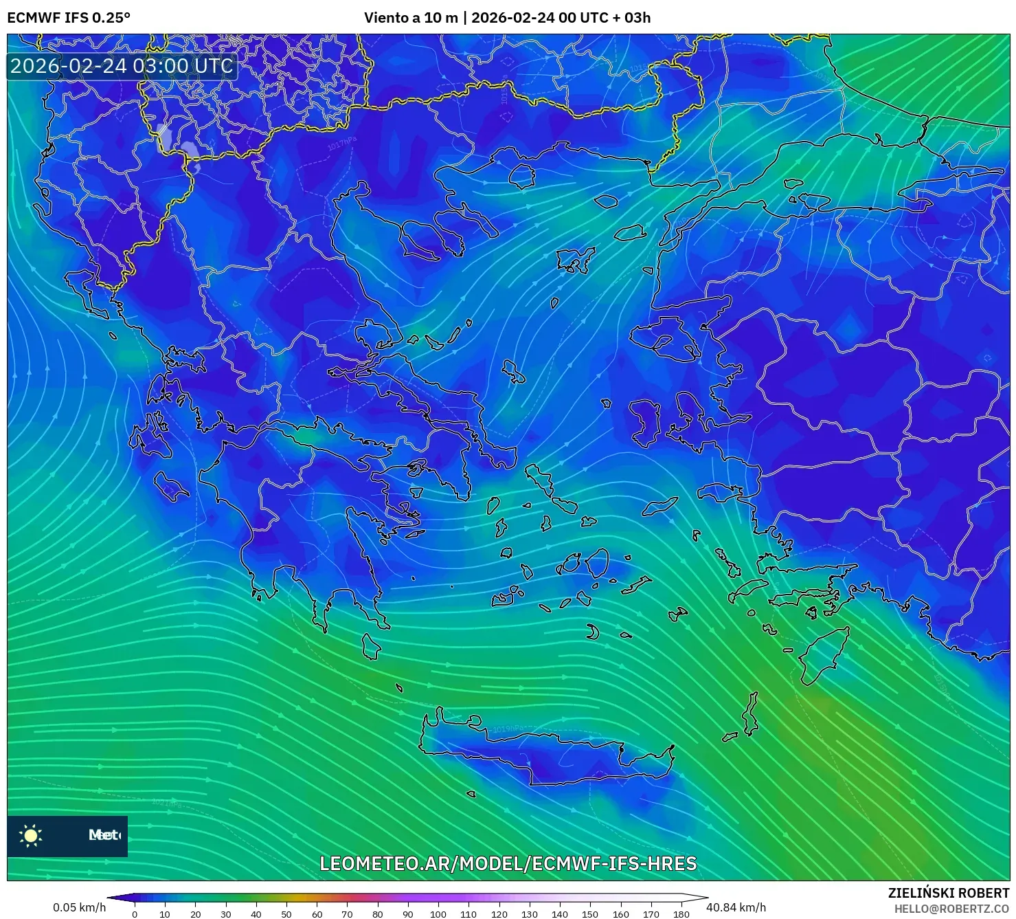 ECMWF IFS 0.25° model - Grecia, Viento a 10 m