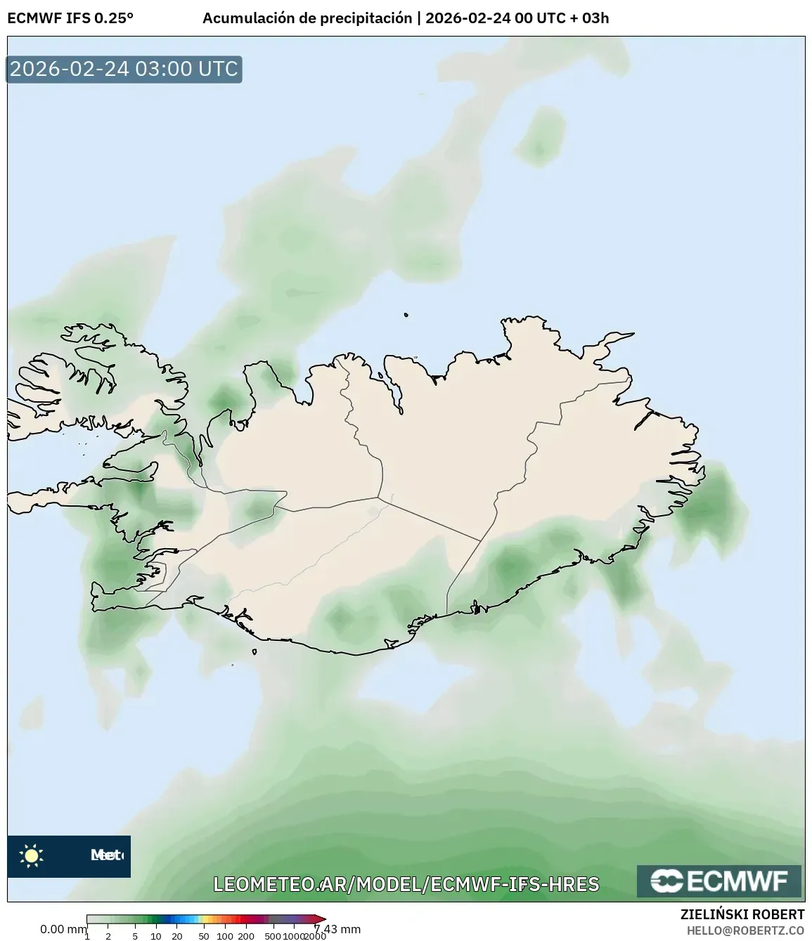 ECMWF IFS 0.25° model - Islandia, Acumulación de precipitación