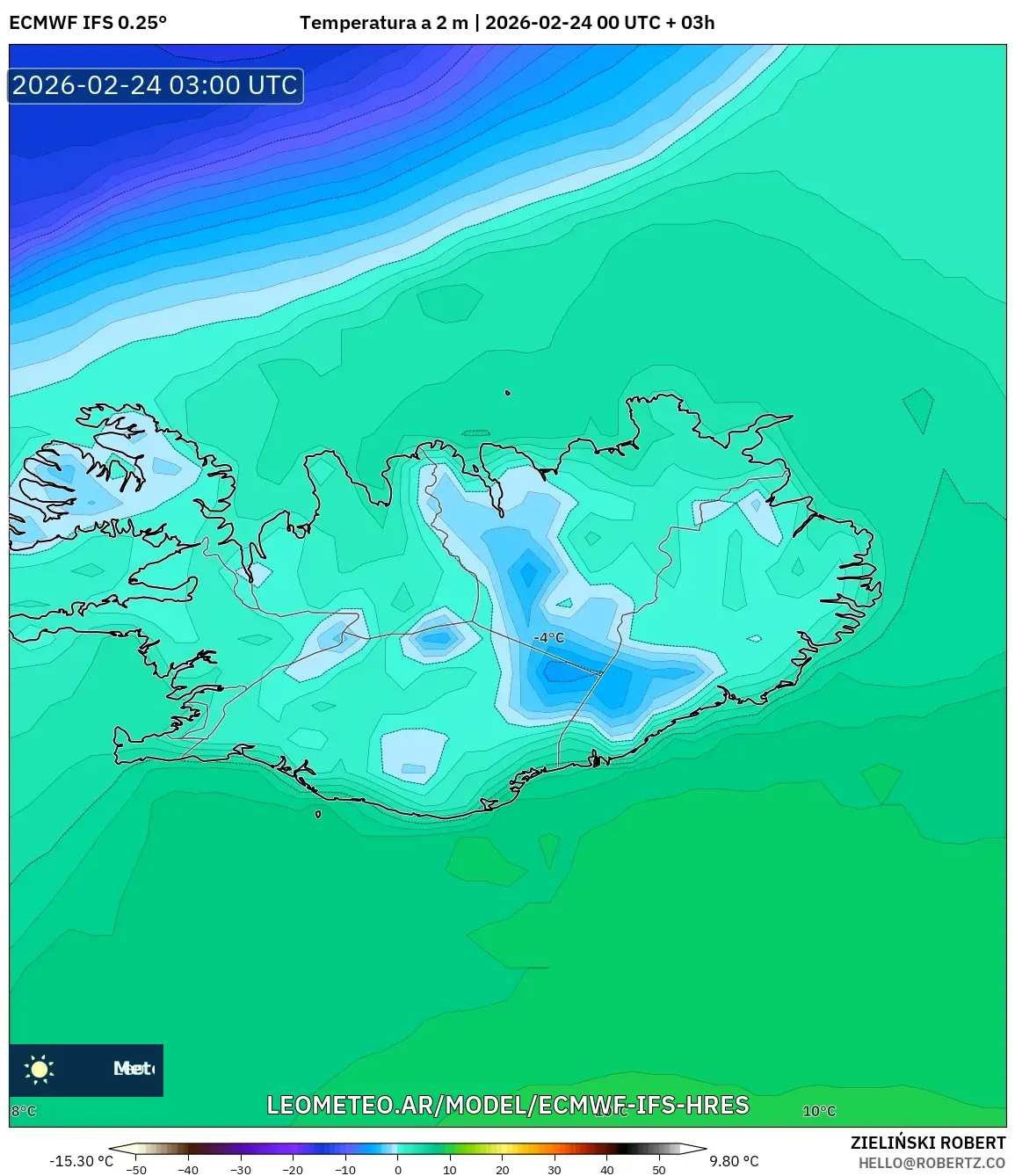 ECMWF IFS 0.25° model - Islandia, Temperatura a 2 m
