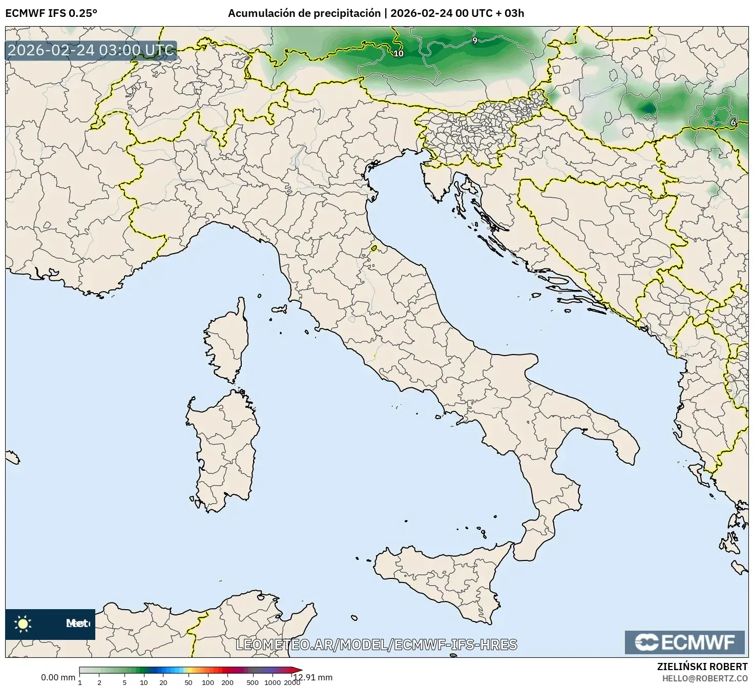 ECMWF IFS 0.25° model - Italia, Acumulación de precipitación