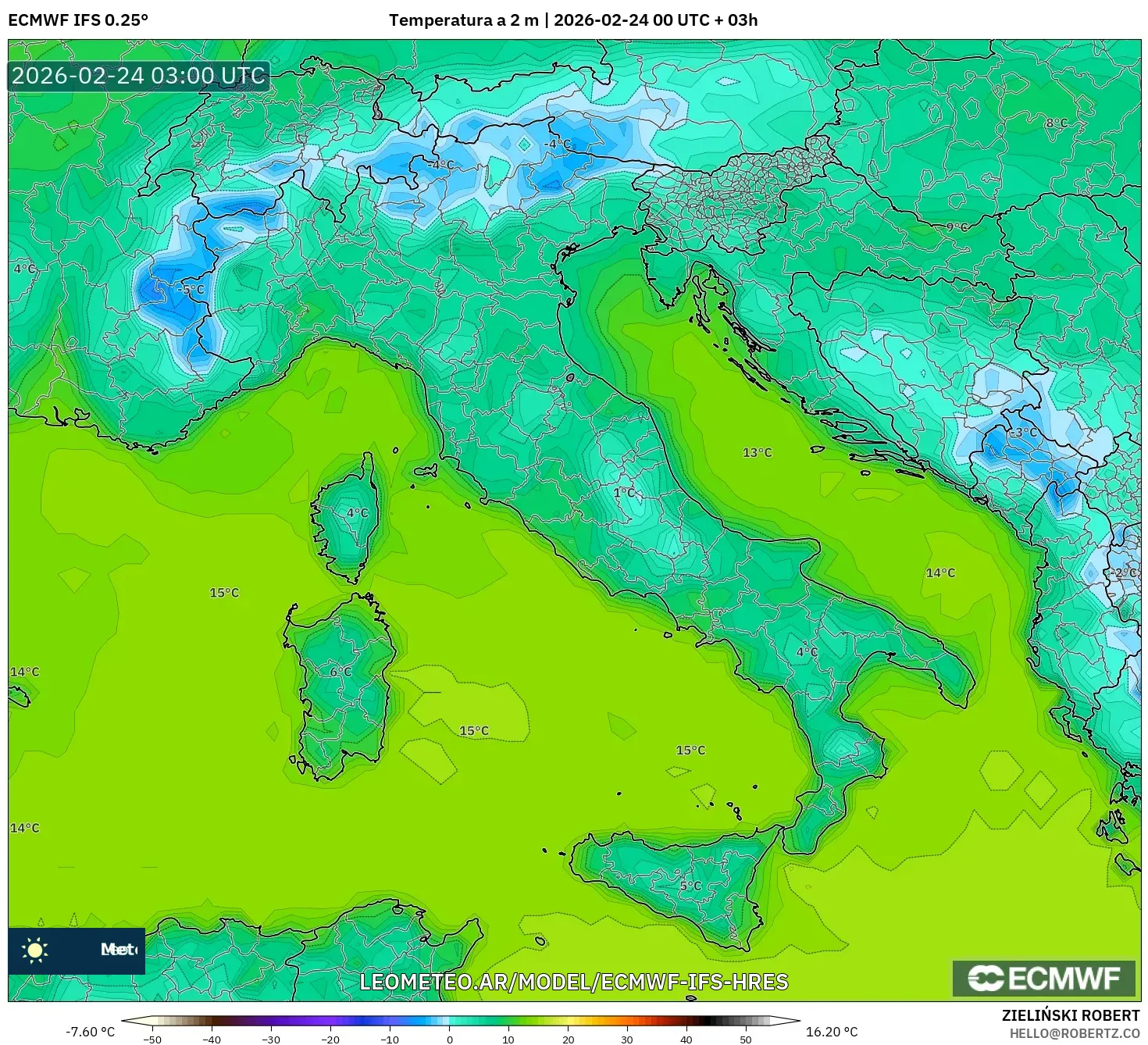 ECMWF IFS 0.25° model - Italia, Temperatura a 2 m