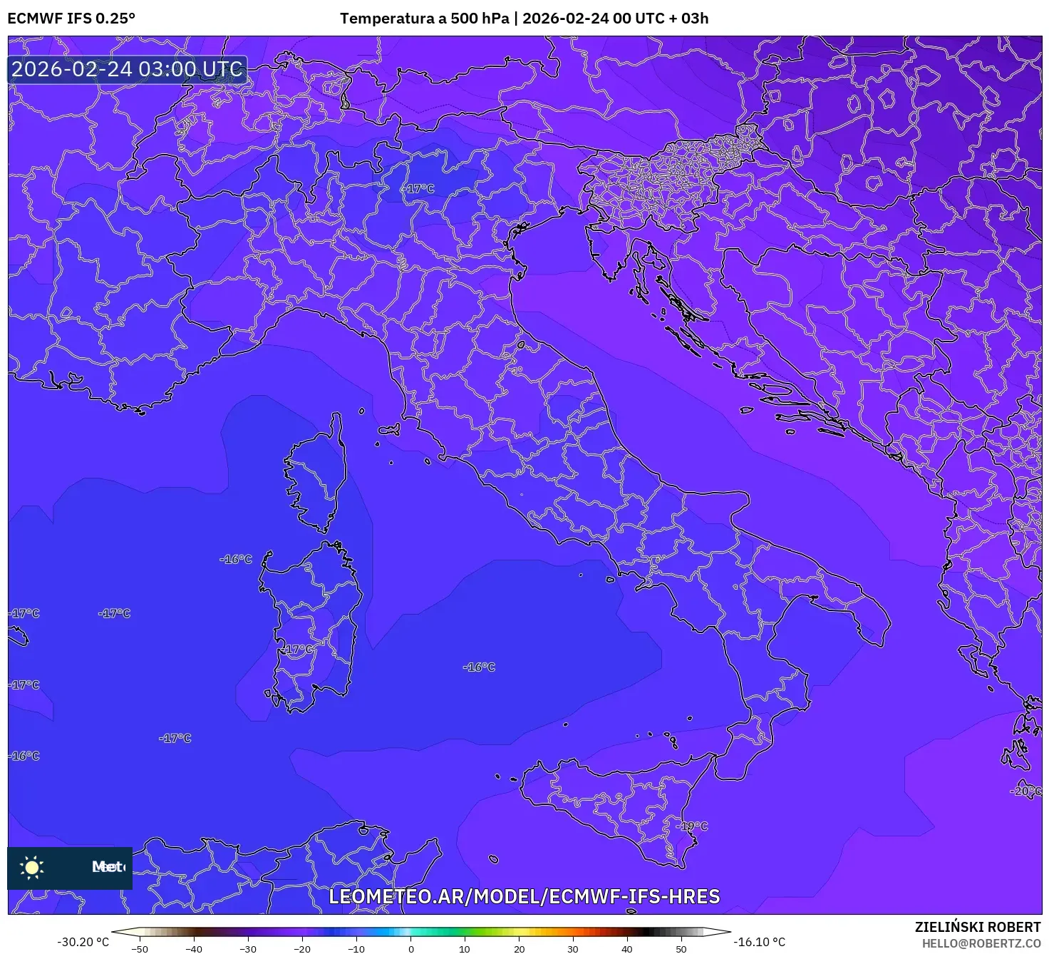 ECMWF IFS 0.25° model - Italia, Temperatura a 500 hPa