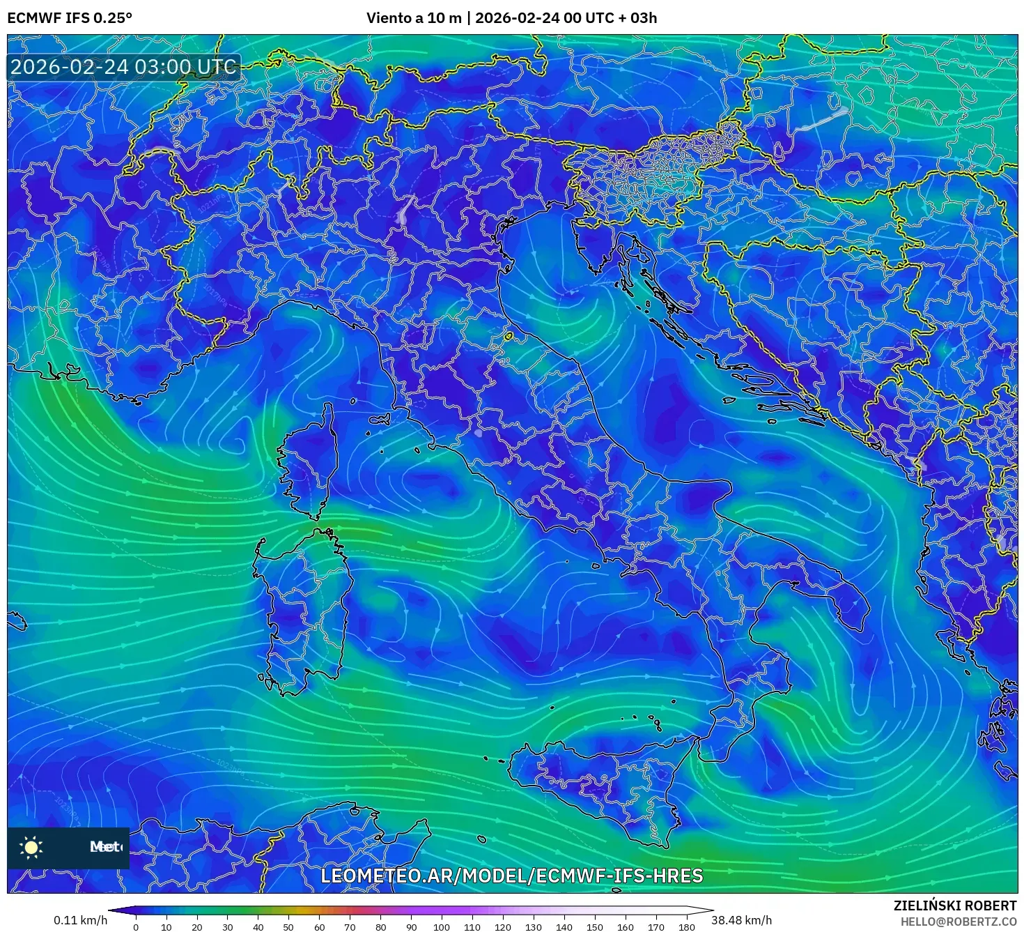 ECMWF IFS 0.25° model - Italia, Viento a 10 m