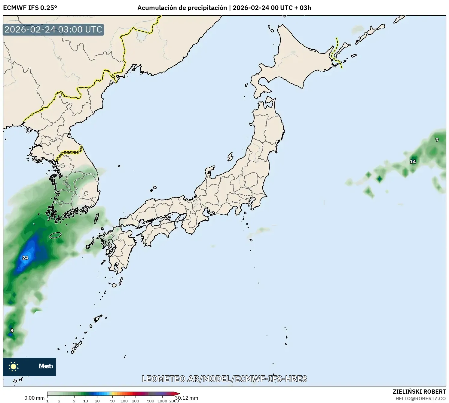 ECMWF IFS 0.25° model - Japón, Acumulación de precipitación