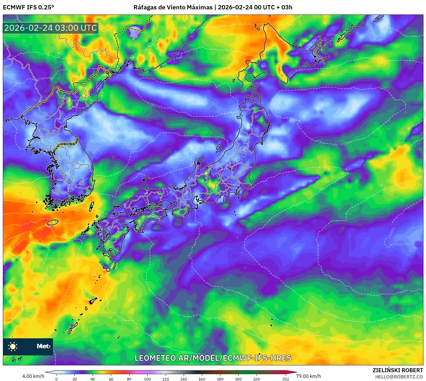 ECMWF IFS 0.25° model - Japón, Ráfagas de Viento Máximas