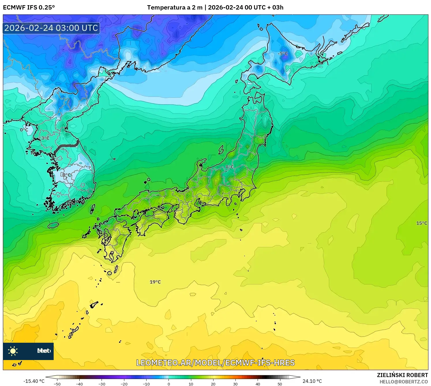 ECMWF IFS 0.25° model - Japón, Temperatura a 2 m