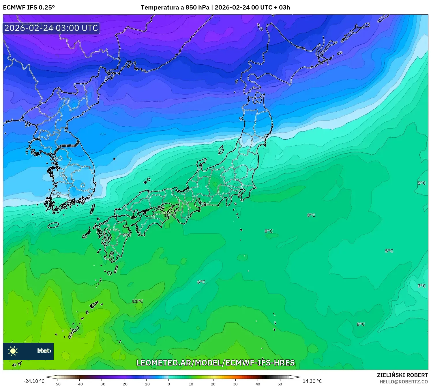 ECMWF IFS 0.25° model - Japón, Temperatura a 850 hPa