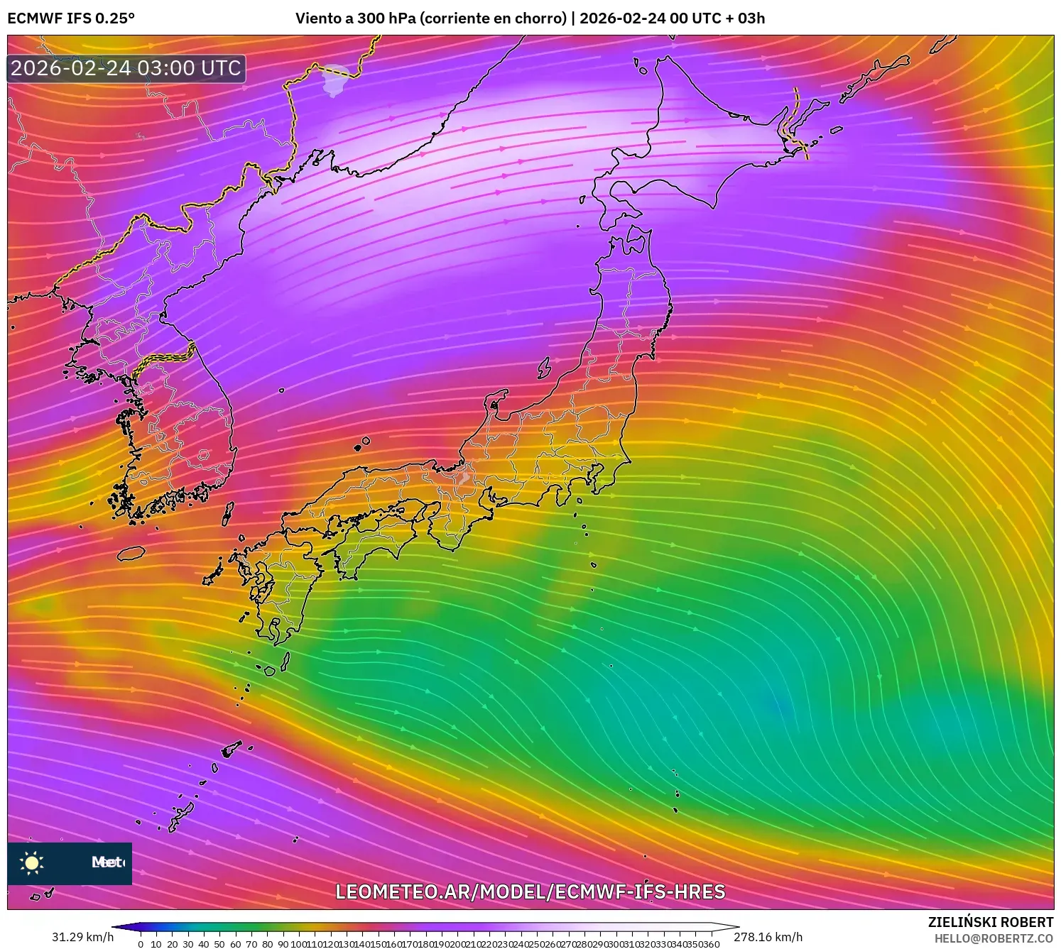 ECMWF IFS 0.25° model - Japón, Viento a 300 hPa (corriente en chorro)