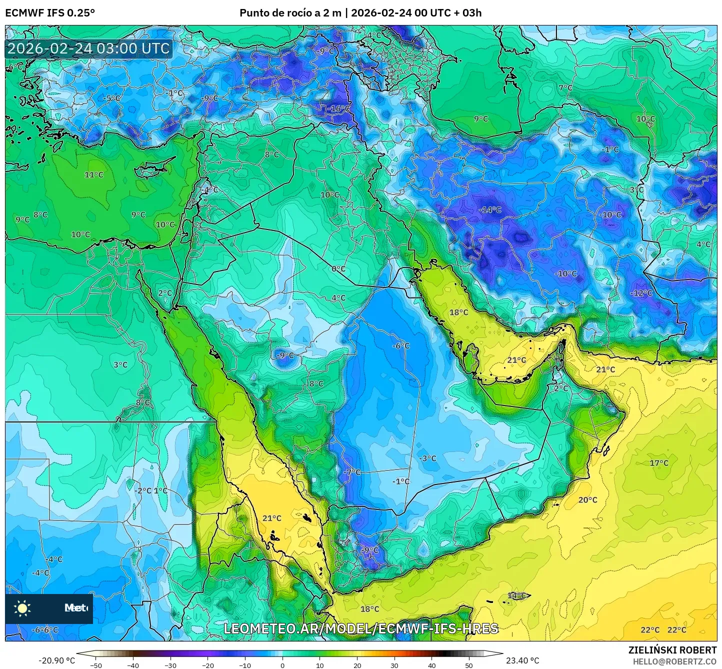 ECMWF IFS 0.25° model - Oriente Medio, Punto de rocío a 2 m
