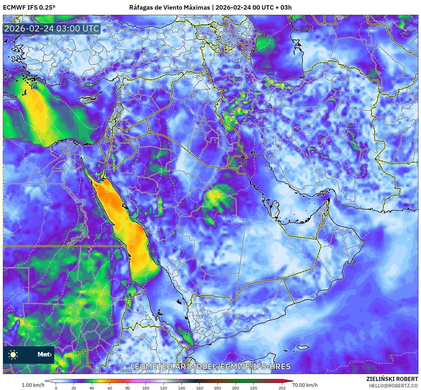 ECMWF IFS 0.25° model - Oriente Medio, Ráfagas de Viento Máximas