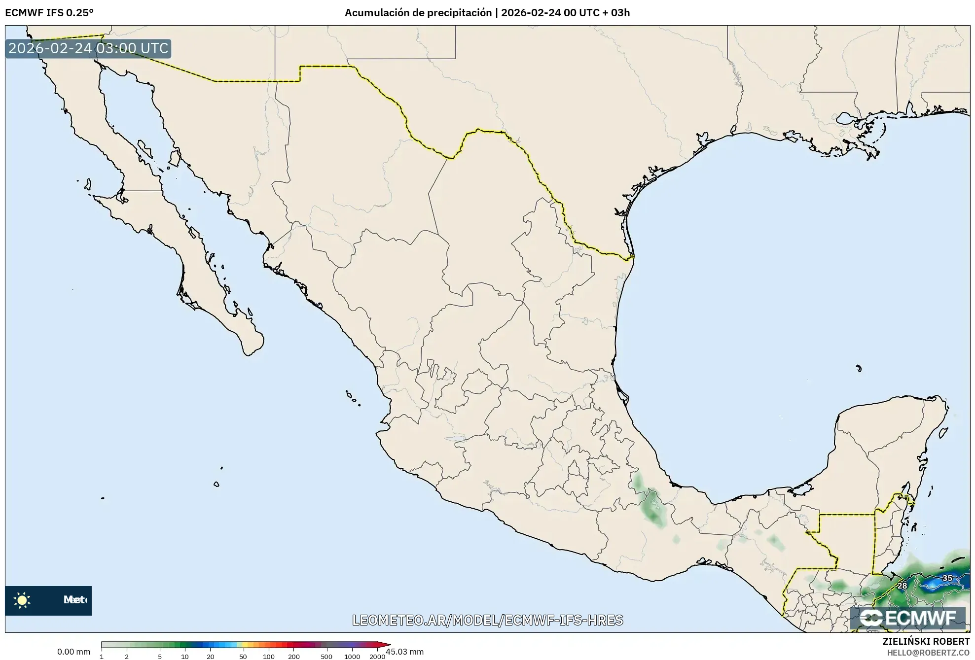 ECMWF IFS 0.25° model - México, Acumulación de precipitación