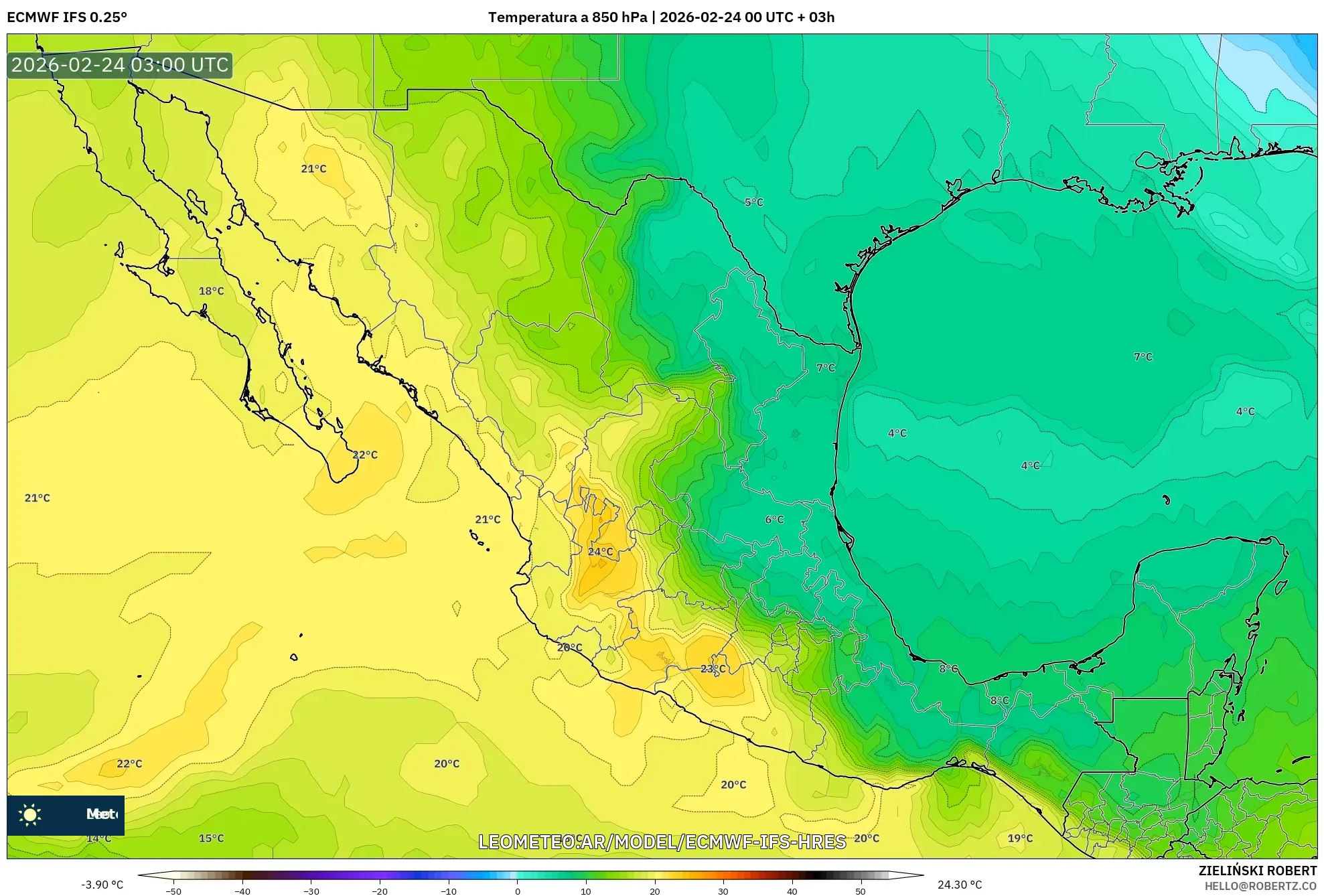ECMWF IFS 0.25° model - México, Temperatura a 850 hPa