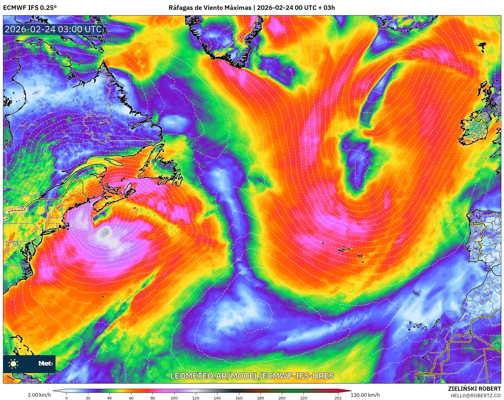 ECMWF IFS 0.25° model - Norte Atlántico, Ráfagas de Viento Máximas