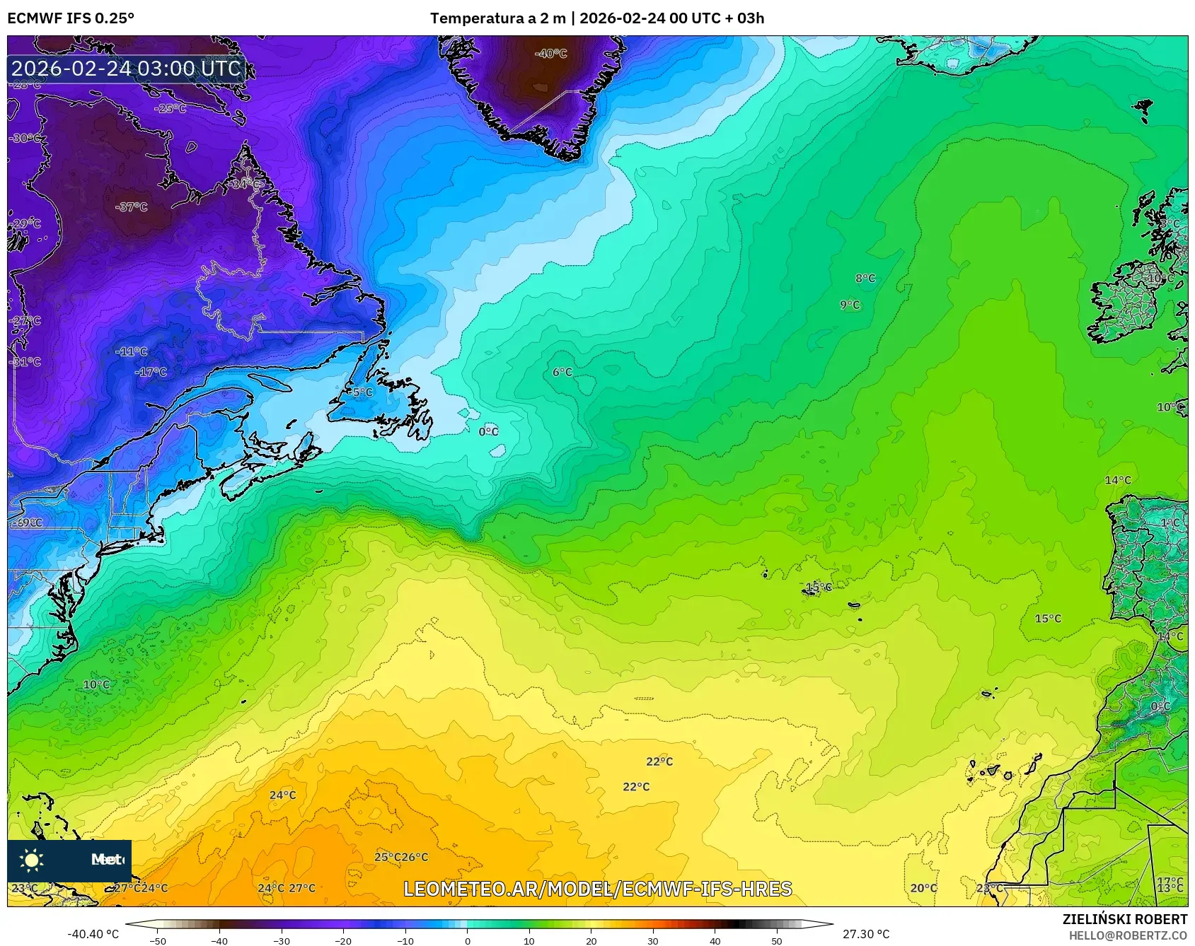 ECMWF IFS 0.25° model - Norte Atlántico, Temperatura a 2 m