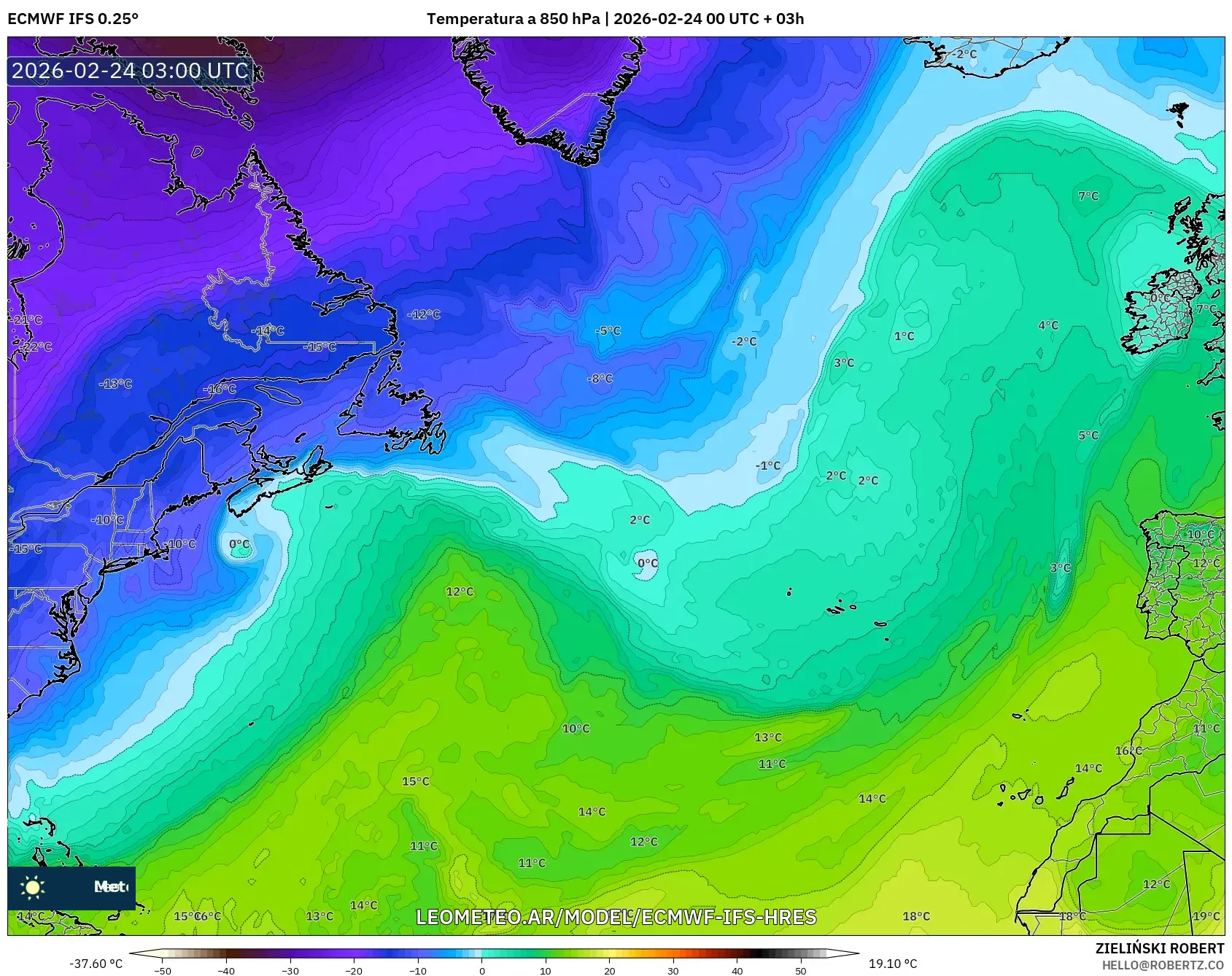 ECMWF IFS 0.25° model - Norte Atlántico, Temperatura a 850 hPa