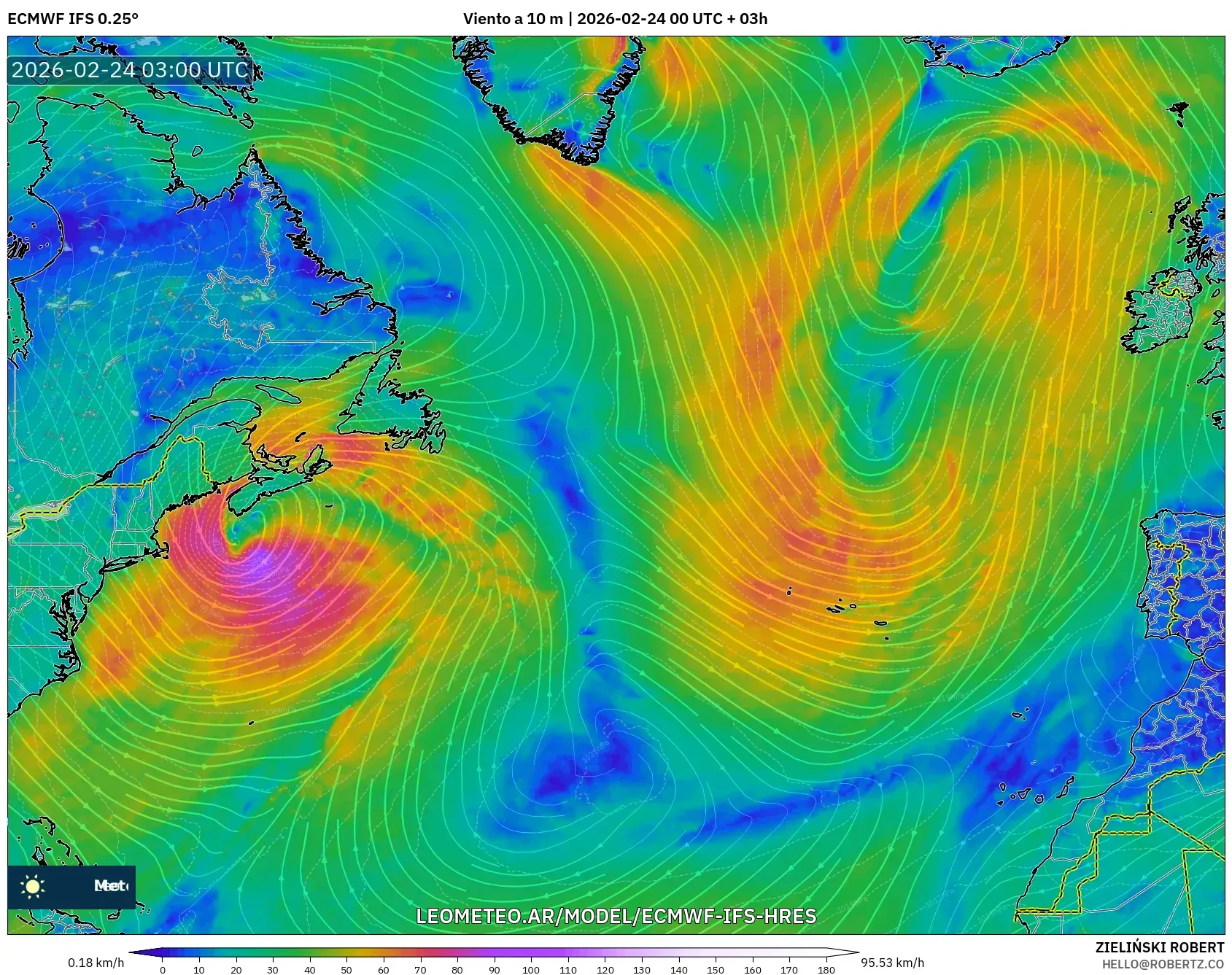 ECMWF IFS 0.25° model - Norte Atlántico, Viento a 10 m