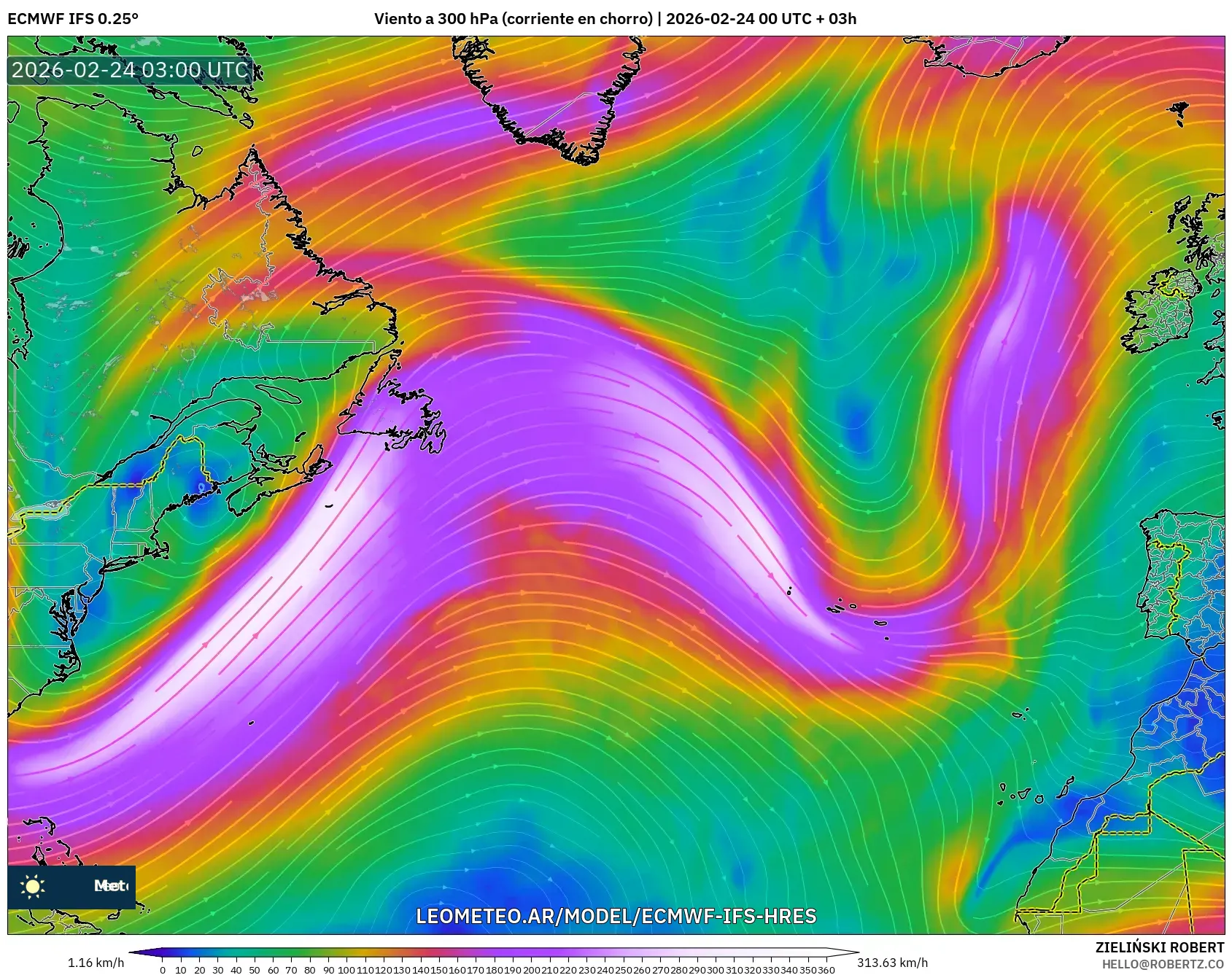 ECMWF IFS 0.25° model - Norte Atlántico, Viento a 300 hPa (corriente en chorro)