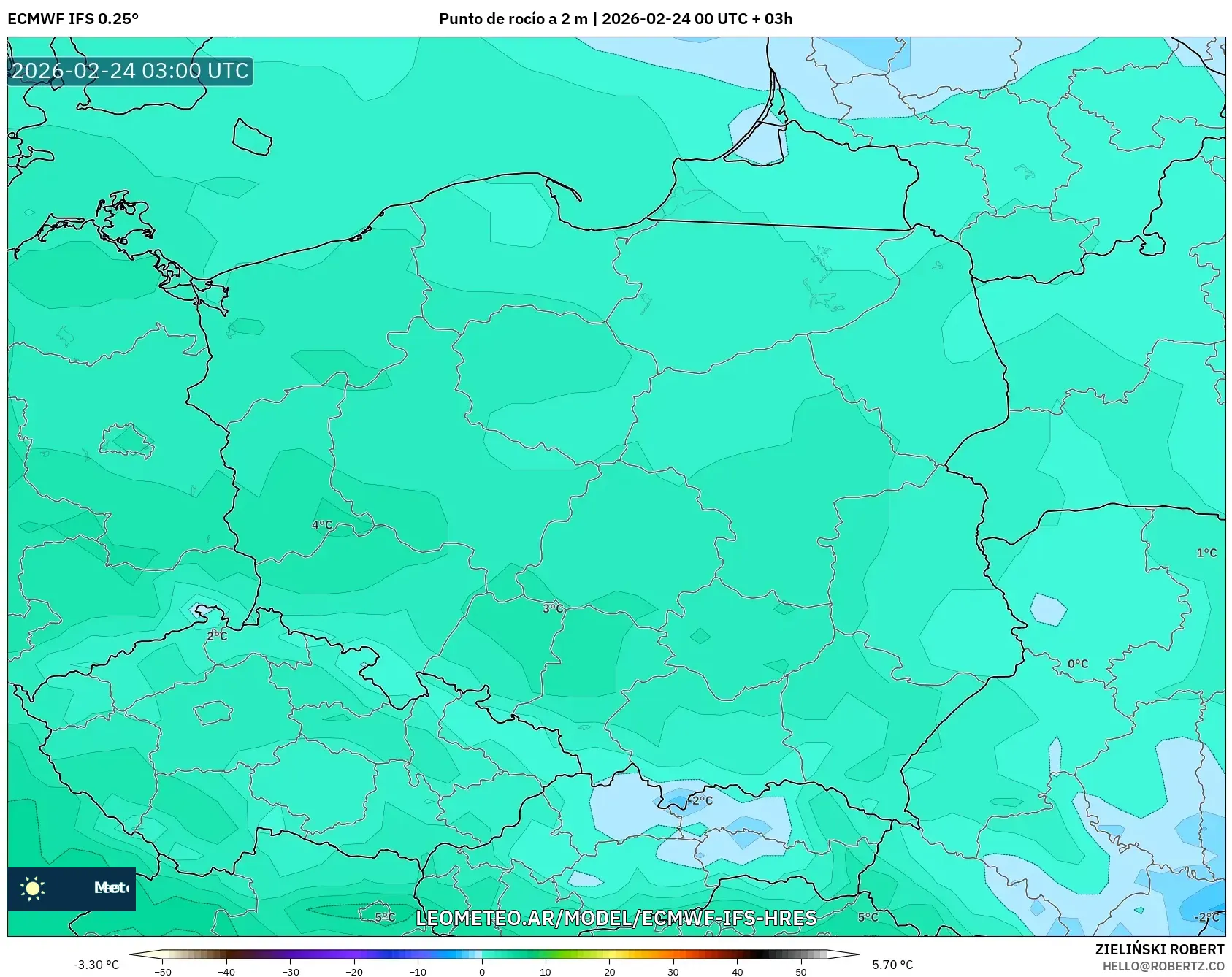 ECMWF IFS 0.25° model - Polonia, Punto de rocío a 2 m
