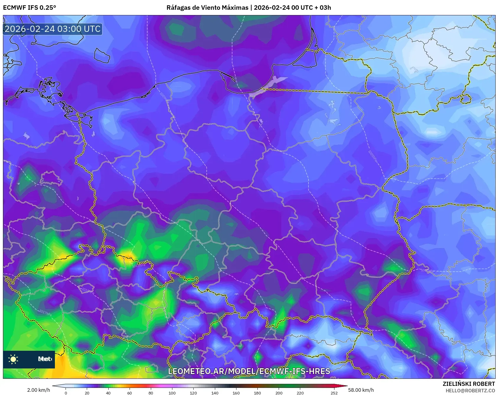 ECMWF IFS 0.25° model - Polonia, Ráfagas de Viento Máximas