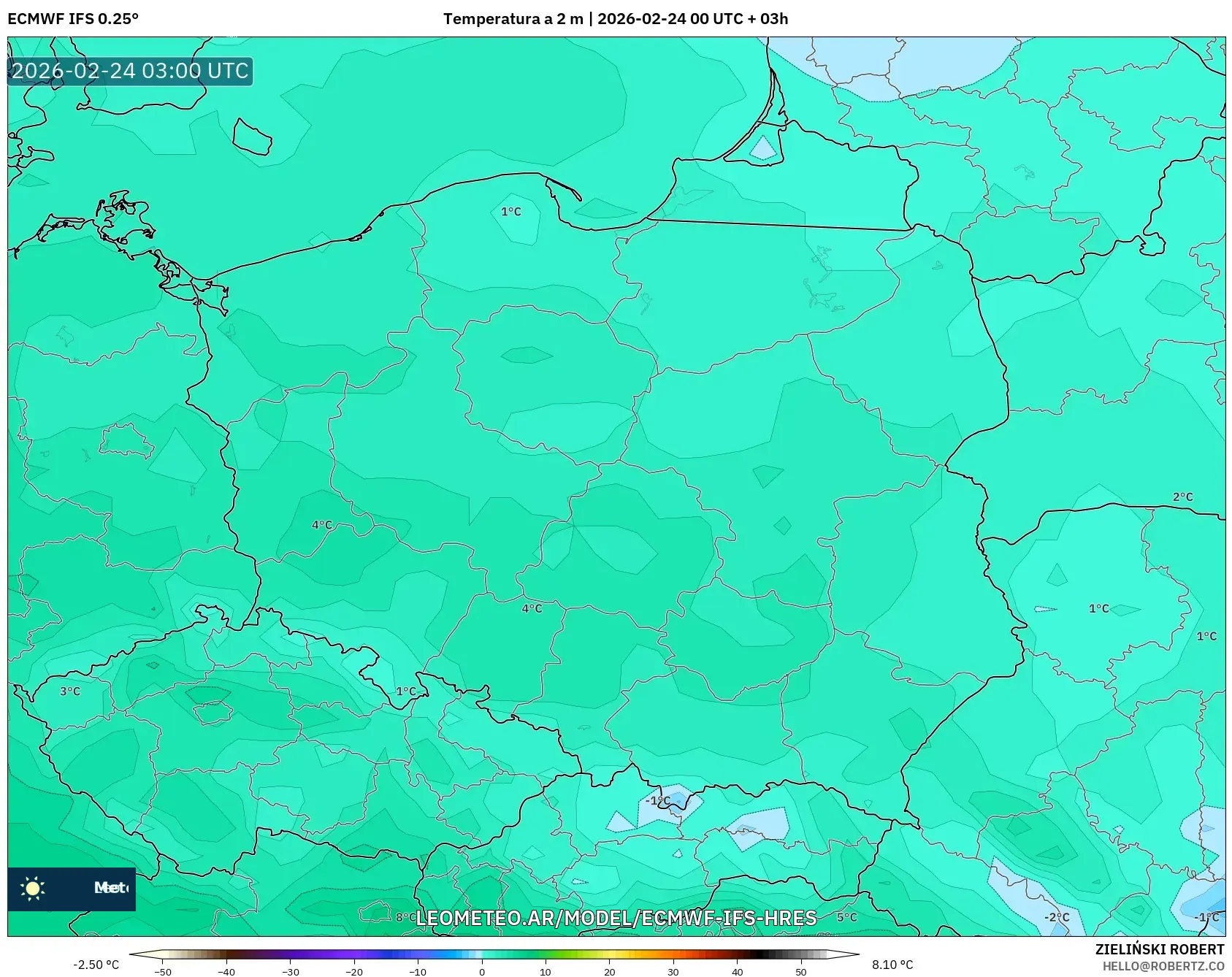 ECMWF IFS 0.25° model - Polonia, Temperatura a 2 m