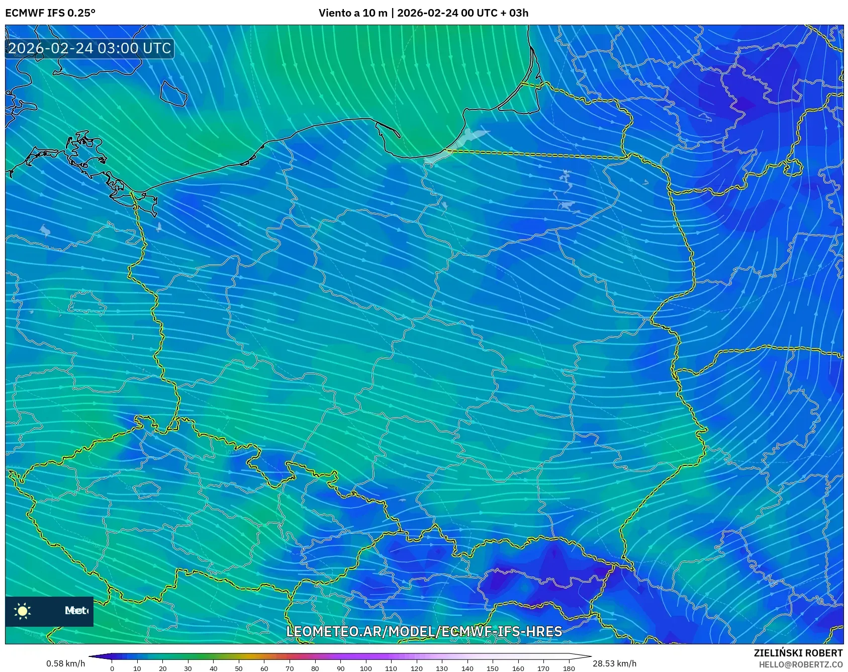 ECMWF IFS 0.25° model - Polonia, Viento a 10 m