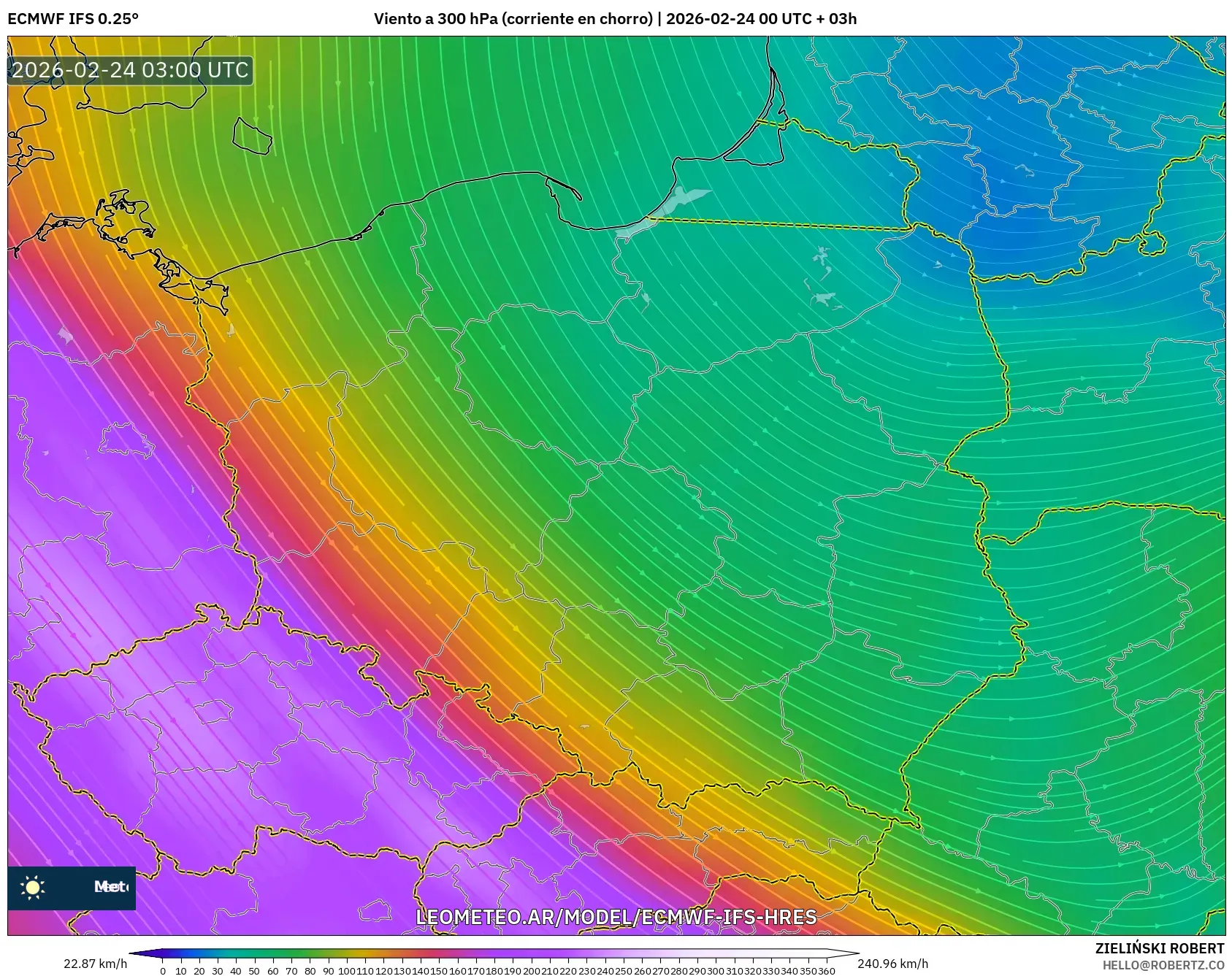 ECMWF IFS 0.25° model - Polonia, Viento a 300 hPa (corriente en chorro)