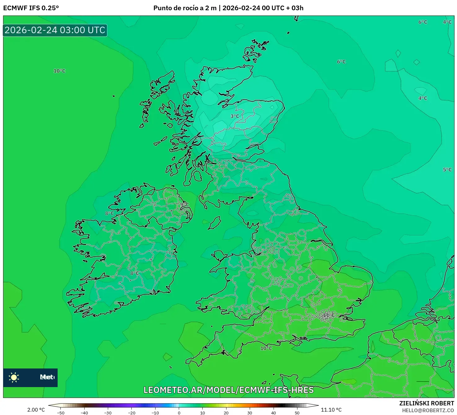ECMWF IFS 0.25° model - Reino Unido, Punto de rocío a 2 m