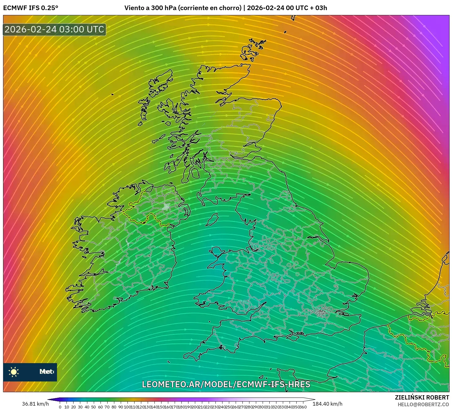 ECMWF IFS 0.25° model - Reino Unido, Viento a 300 hPa (corriente en chorro)