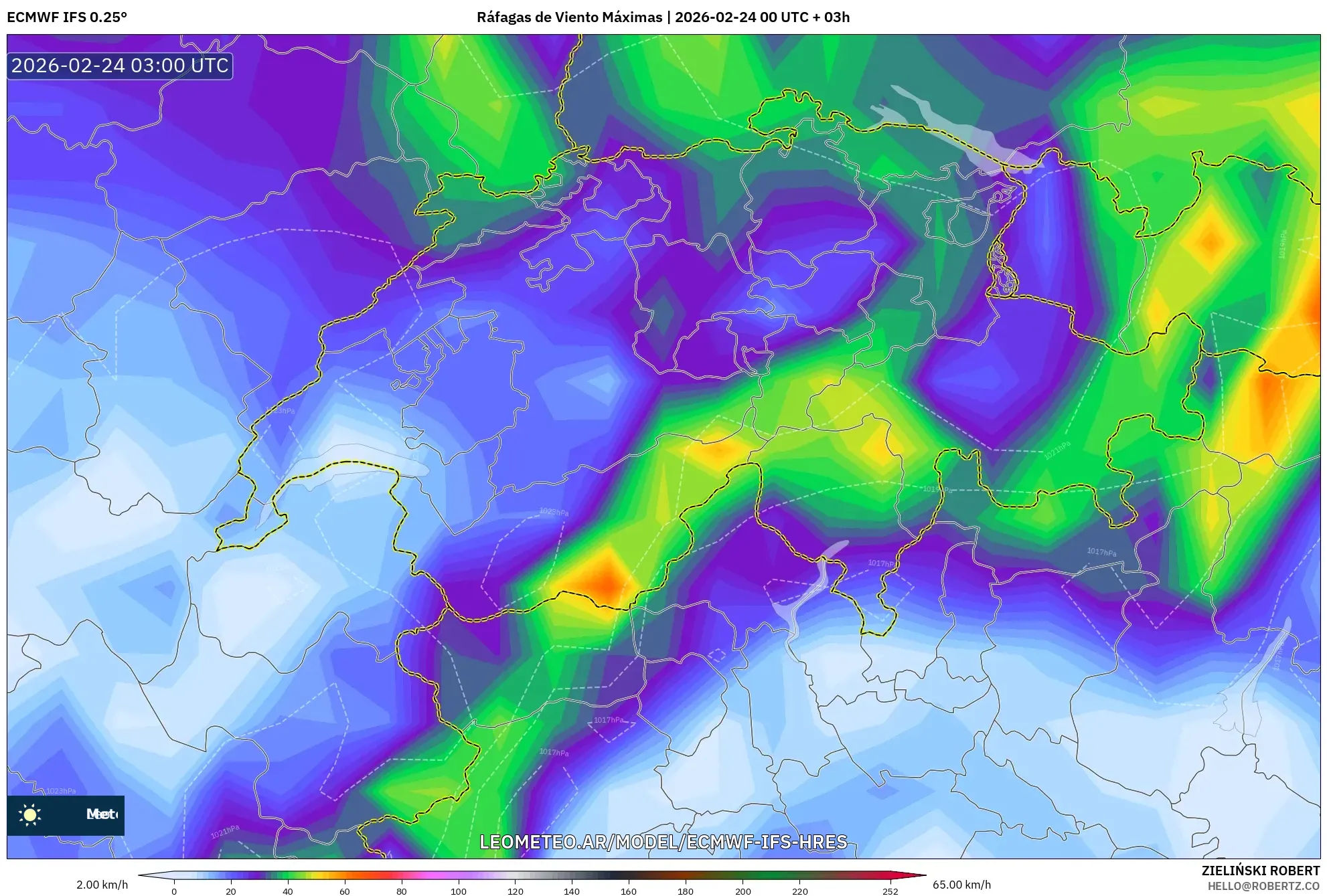 ECMWF IFS 0.25° model - Suiza, Ráfagas de Viento Máximas
