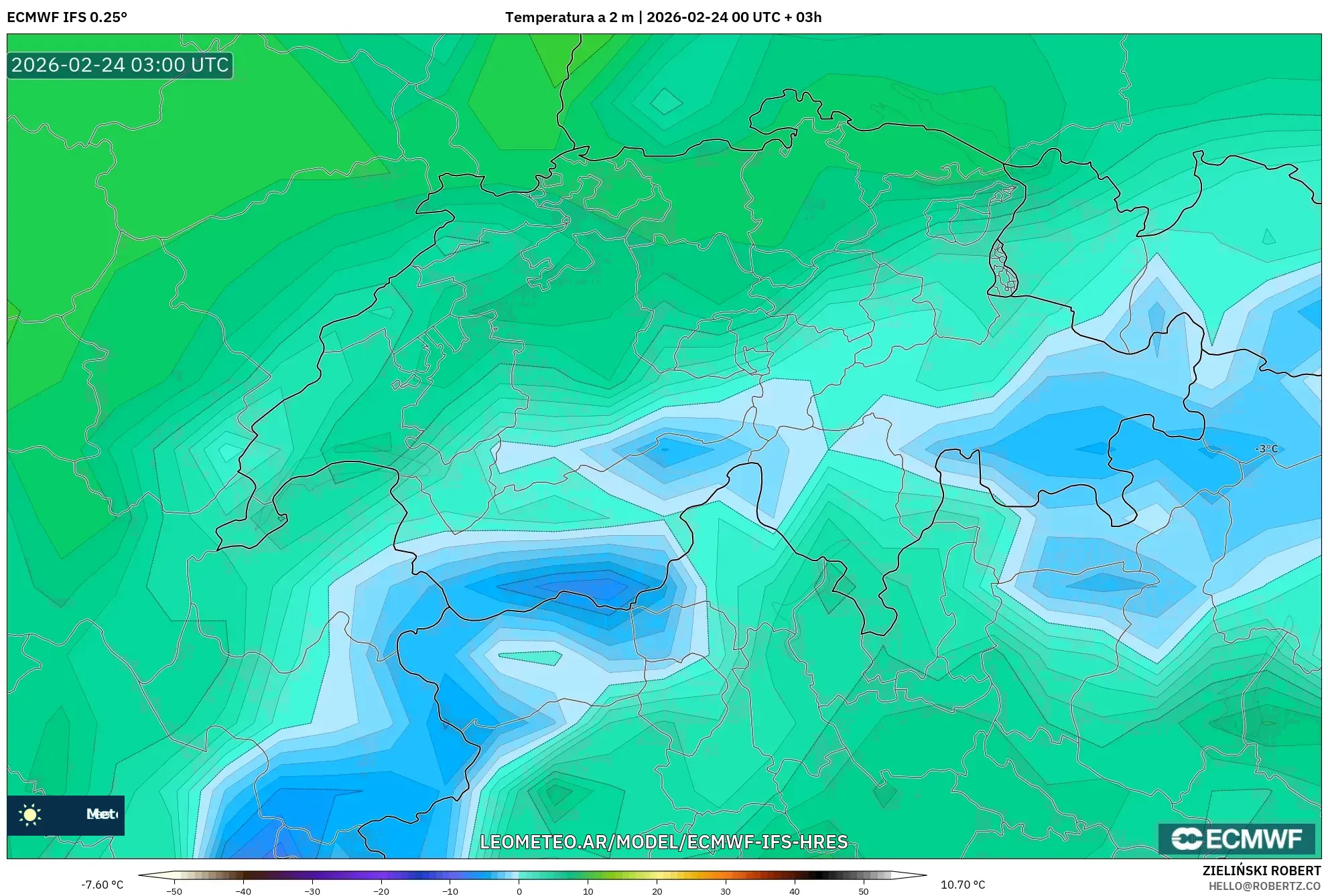 ECMWF IFS 0.25° model - Suiza, Temperatura a 2 m
