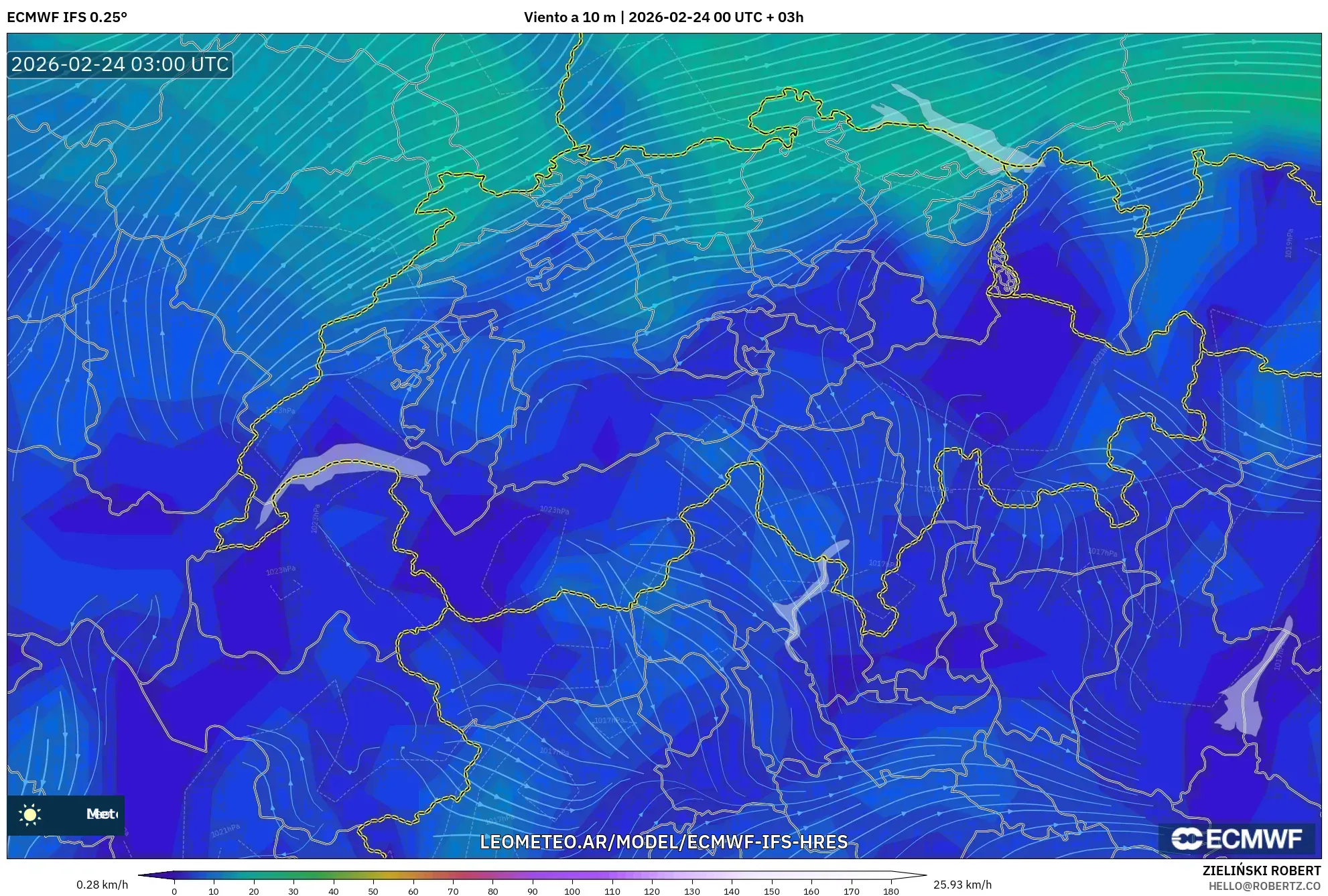 ECMWF IFS 0.25° model - Suiza, Viento a 10 m