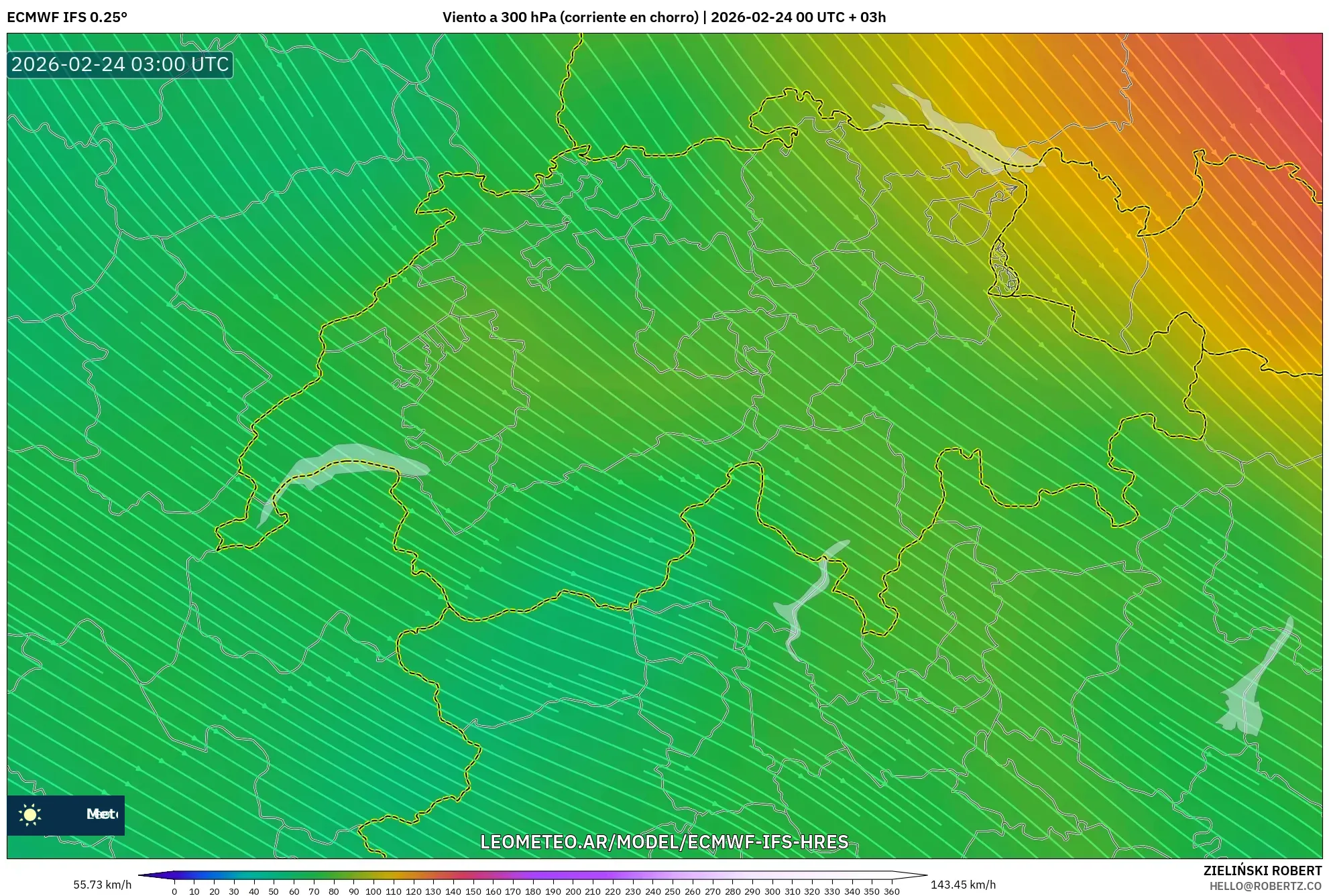 ECMWF IFS 0.25° model - Suiza, Viento a 300 hPa (corriente en chorro)