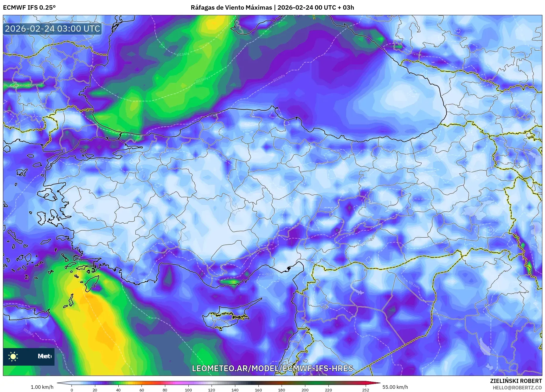 ECMWF IFS 0.25° model - Turquía, Ráfagas de Viento Máximas