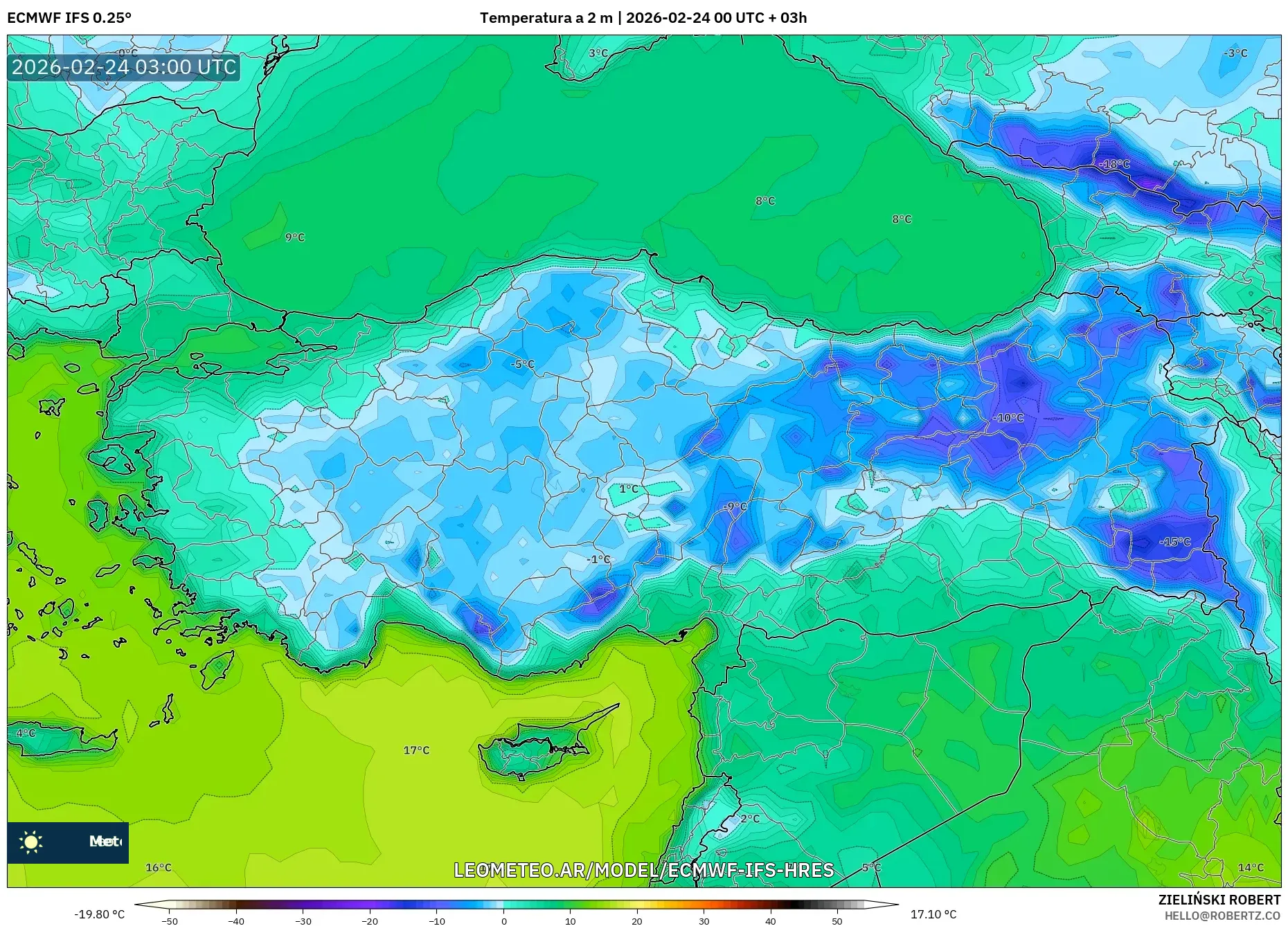 ECMWF IFS 0.25° model - Turquía, Temperatura a 2 m