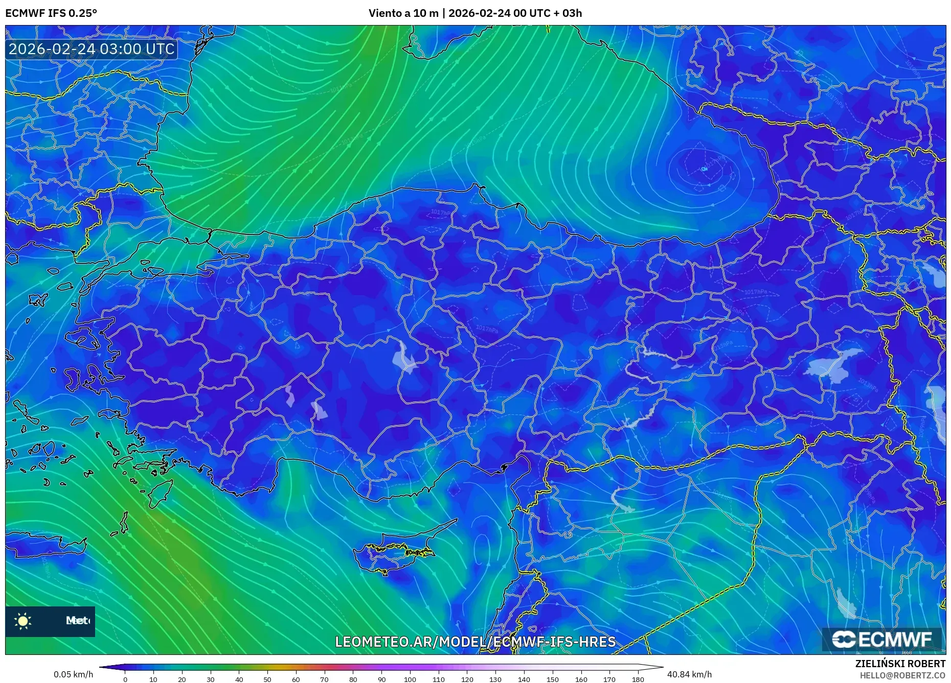 ECMWF IFS 0.25° model - Turquía, Viento a 10 m